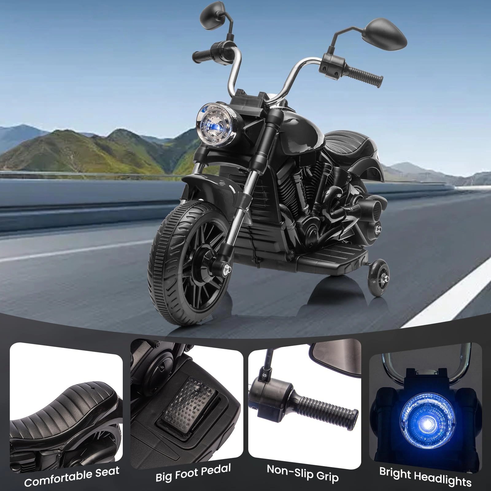 12V Electric Dirt Bike, Kids Motorcycle with Training Wheels, Reverse, Headlight, Horn, Music