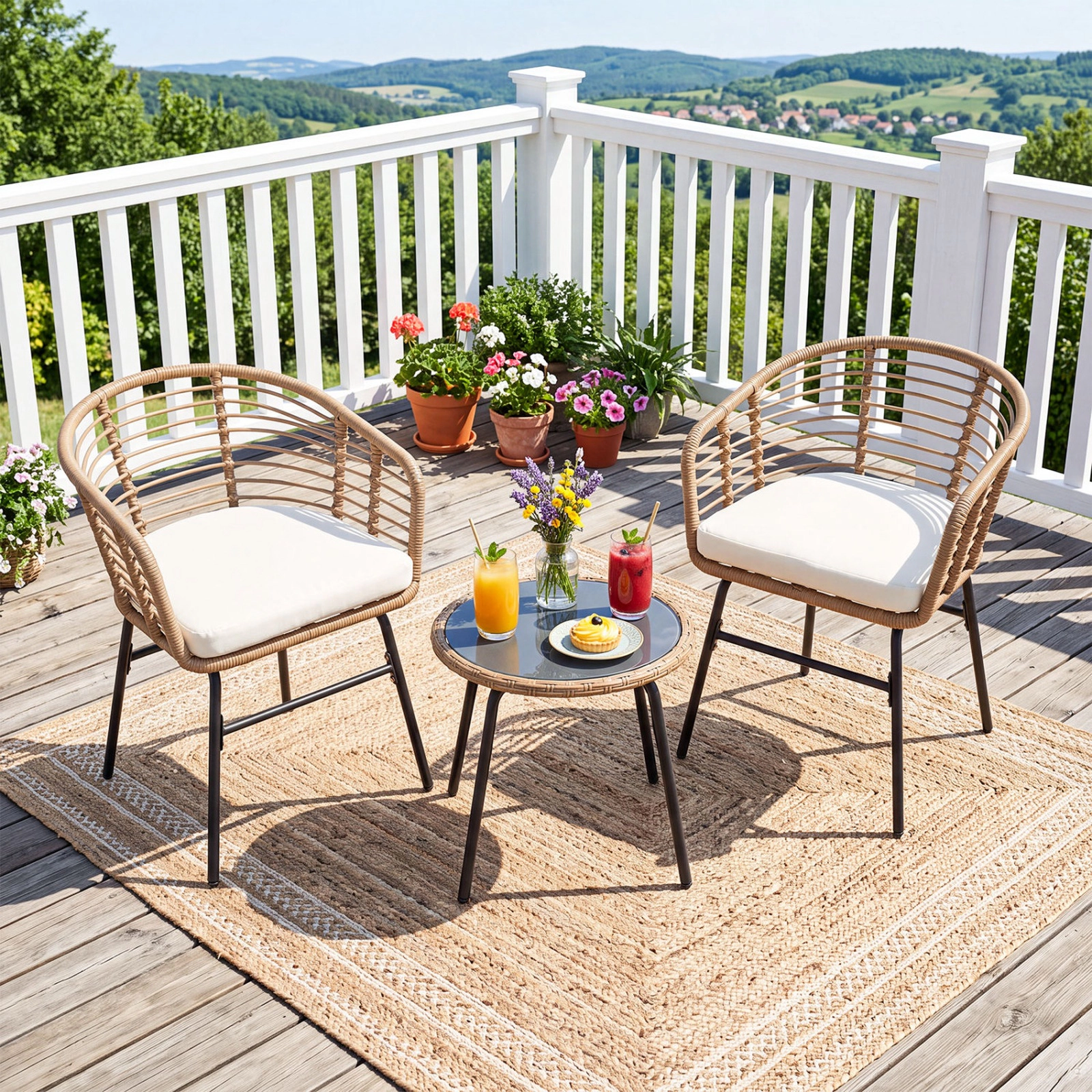 SUGIFT 3-Piece Natural Outdoor Wicker Bistro Set with Round Glass Table and Cushions