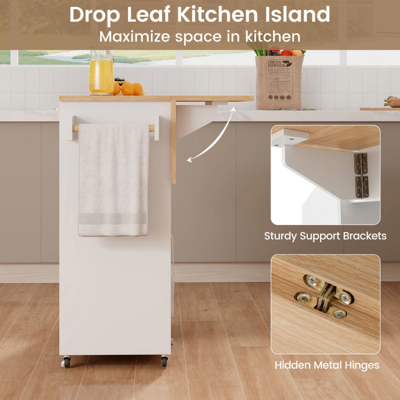 SUGIFT Drop Leaf Mobile Kitchen Island White with Power Outlet and Adjustable Shelf