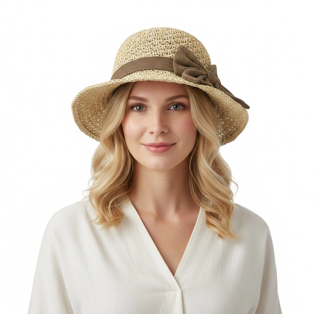 Anna-Kaci Womens Straw Sun Hat Wide Brim Bowknot Summer Beach Bucket Lightweight