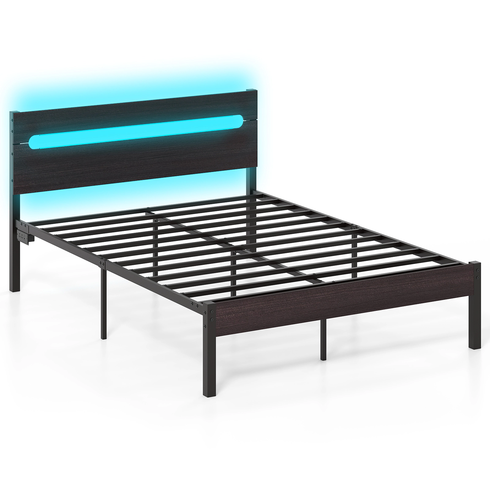 SUGIFT Metal Slats Bed Frame with Charging Station 880-lb Capacity 78-in Length Full Rustic Brown/Walnut + Black