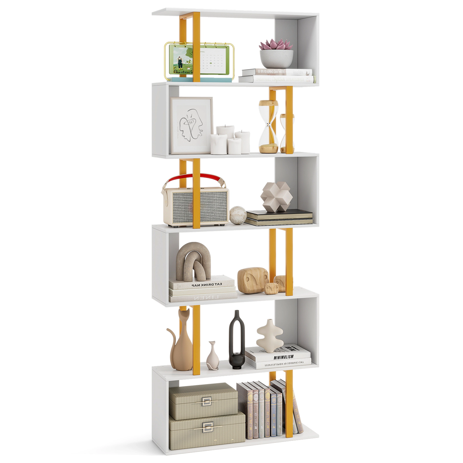 LJG 5-Tier/6-Tier Geometric Bookcase with Metal Frame and Anti-Tipping Kits