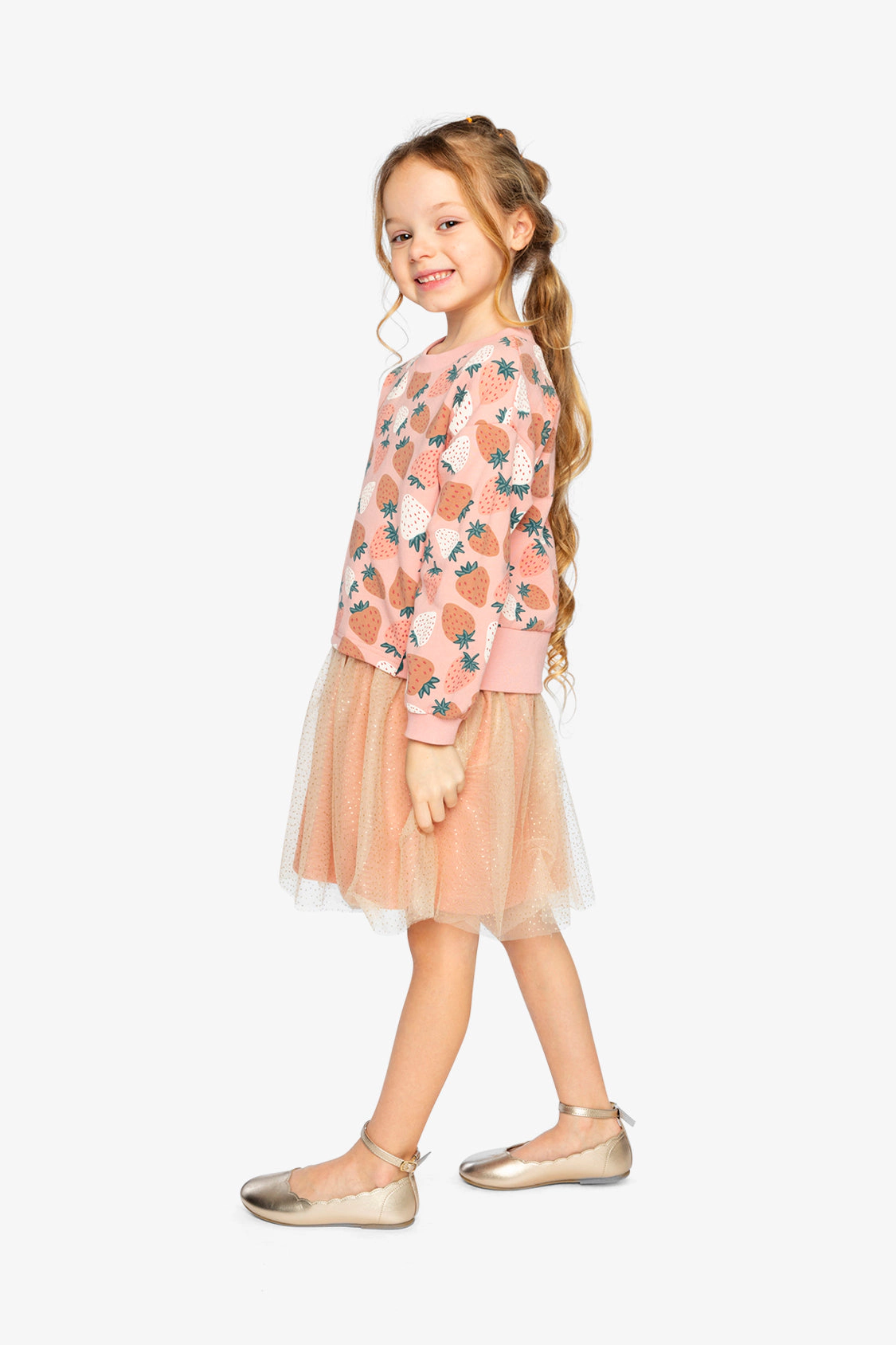 Deux par Girls Strawberry Print Sparkle Mesh Bi-Material Dress