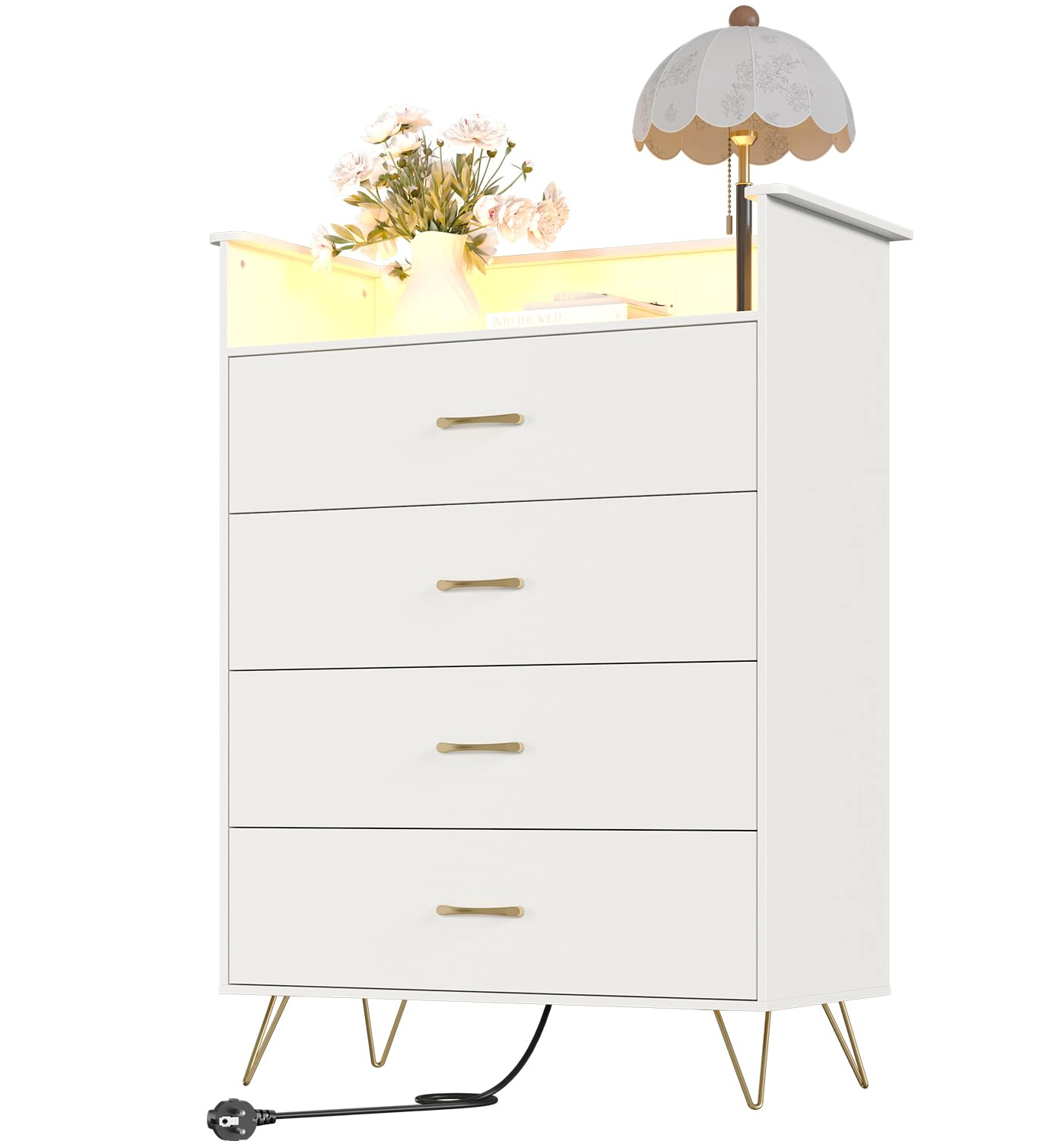 4 Drawer Dresser with Power Outlets & RGB LED Lights, Tall Modern Wood Storage Chest App Control