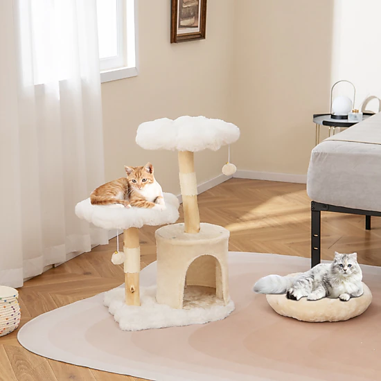 Glintex 32-Inch Solid Wood Branch Cat Tree with Flower Platforms and Sisal Posts, White