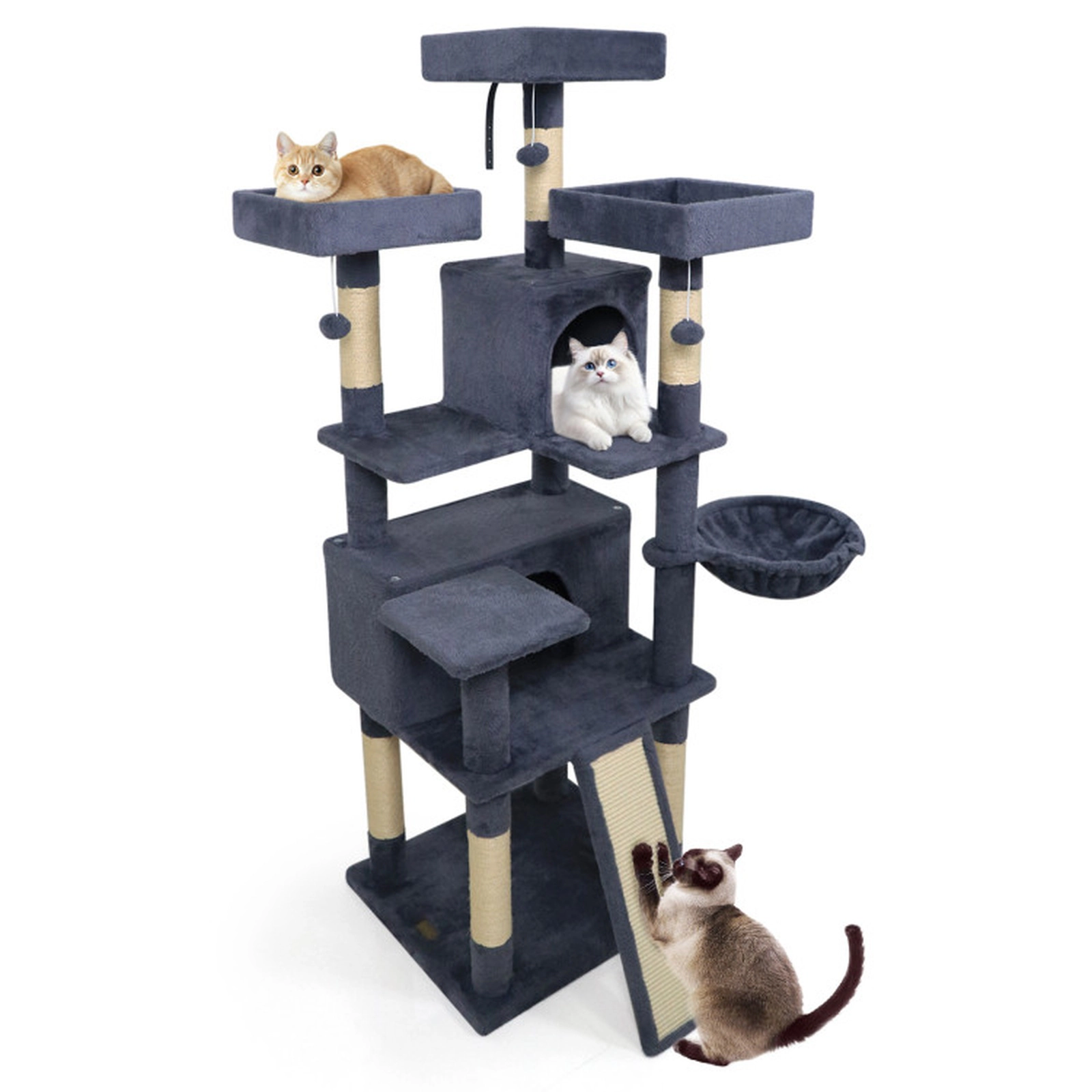 SUGIFT 65-in Tall Dark Gray Multi-Level Cat Tree with 3 Perches 2 Condos Ladder and Scratching Board