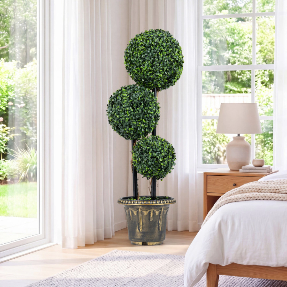 Slickblue Set of 2 Artificial Boxwood Topiary Tree 35in Triple Ball Black Gold Planter Indoor Outdoor