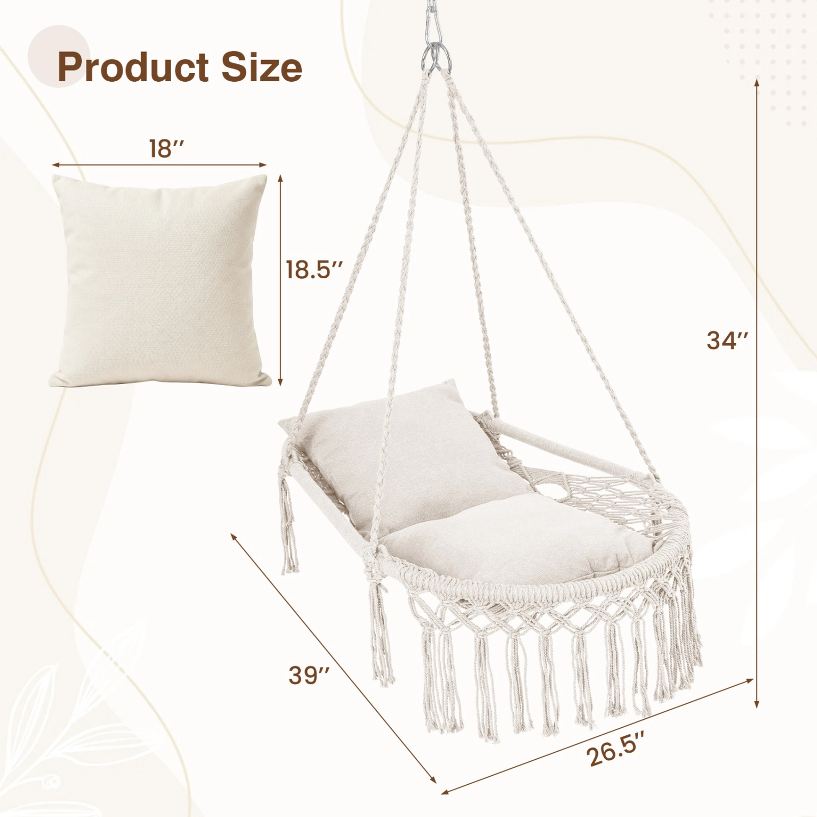 SUGIFT Macrame Swing Chair Beige Hammock Chair with 2 Removable Cushions