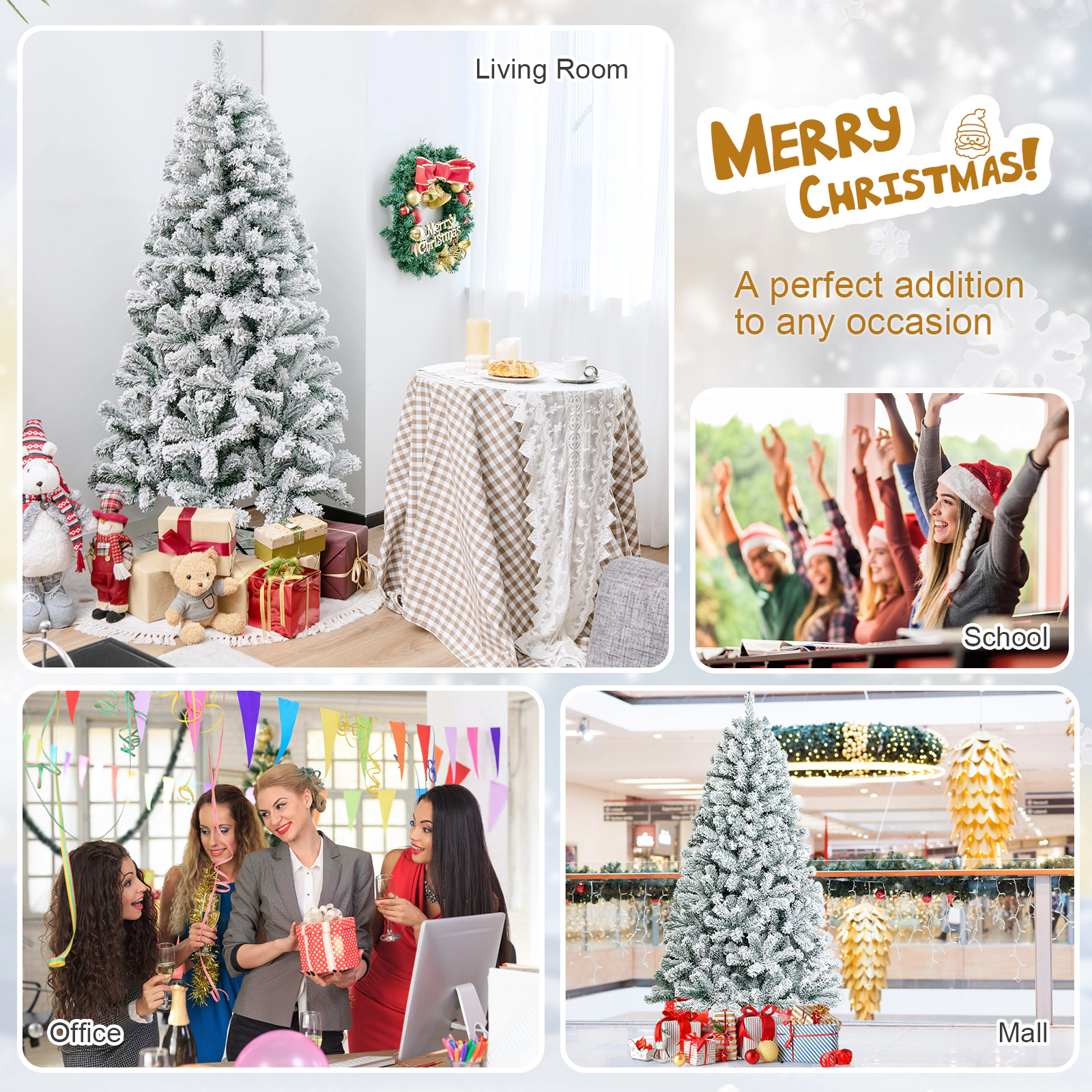 SUGIFT Snow Flocked Hinged Artificial White Christmas Tree with Branch Tips and Metal Stand