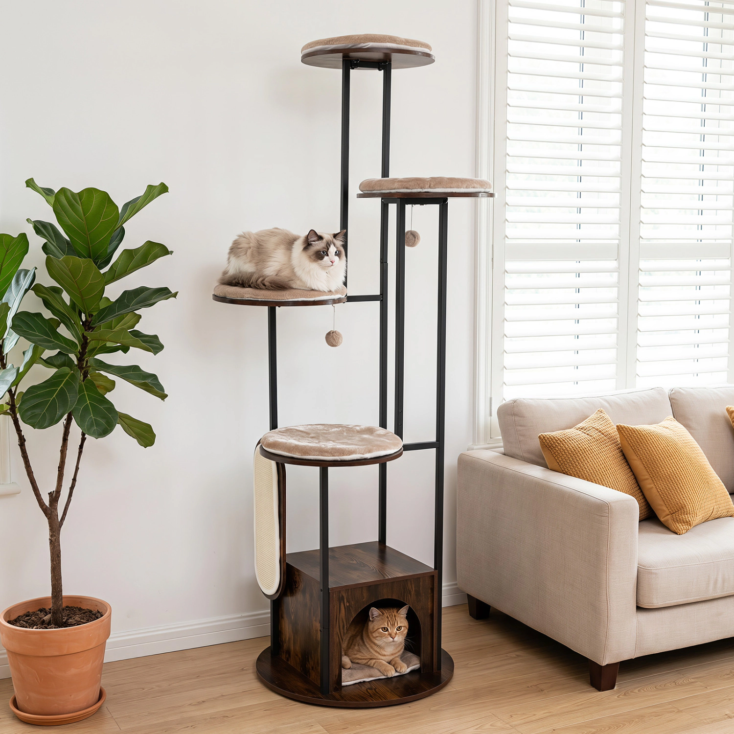 LJG 72-Inch Tall Multi-Level Cat Condo with Top Perch Platforms and Removable Washable Mats