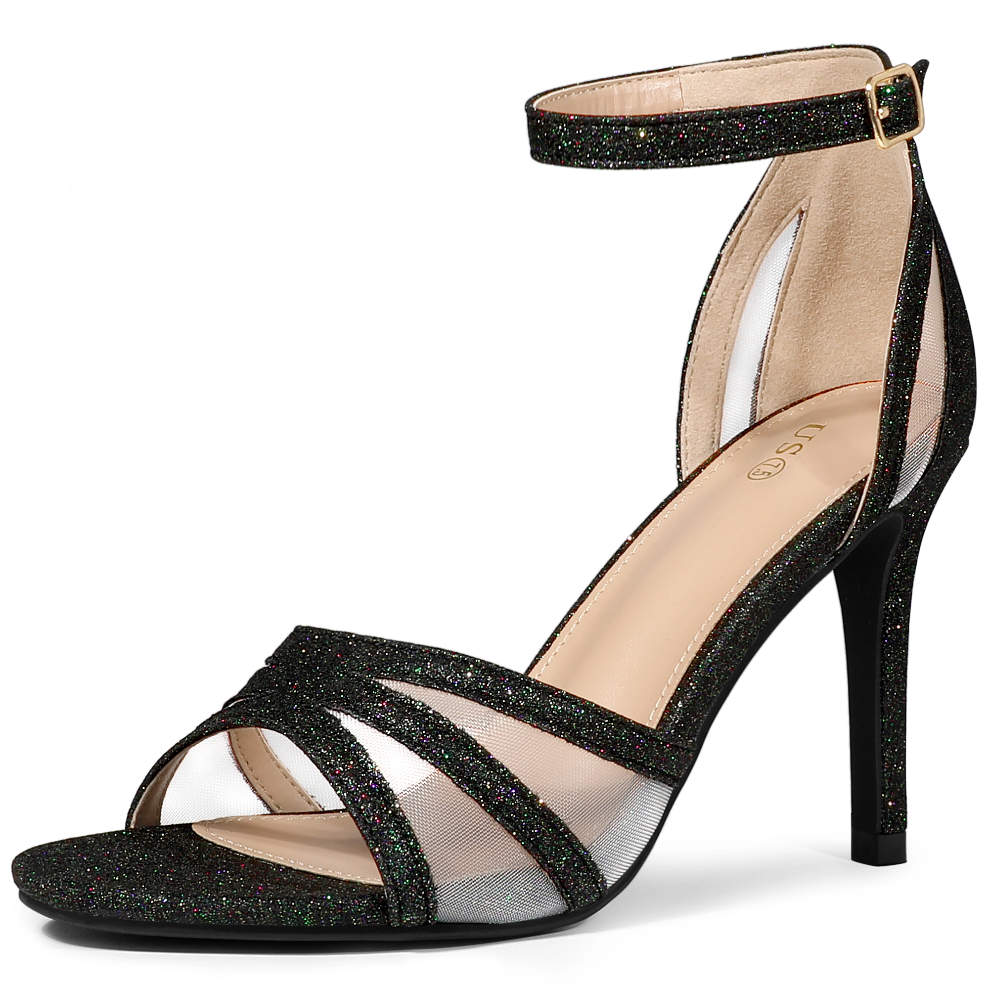 BLISSFUL STEP Women's See Through Glitter Ankle Strap Stiletto Heels Sandals