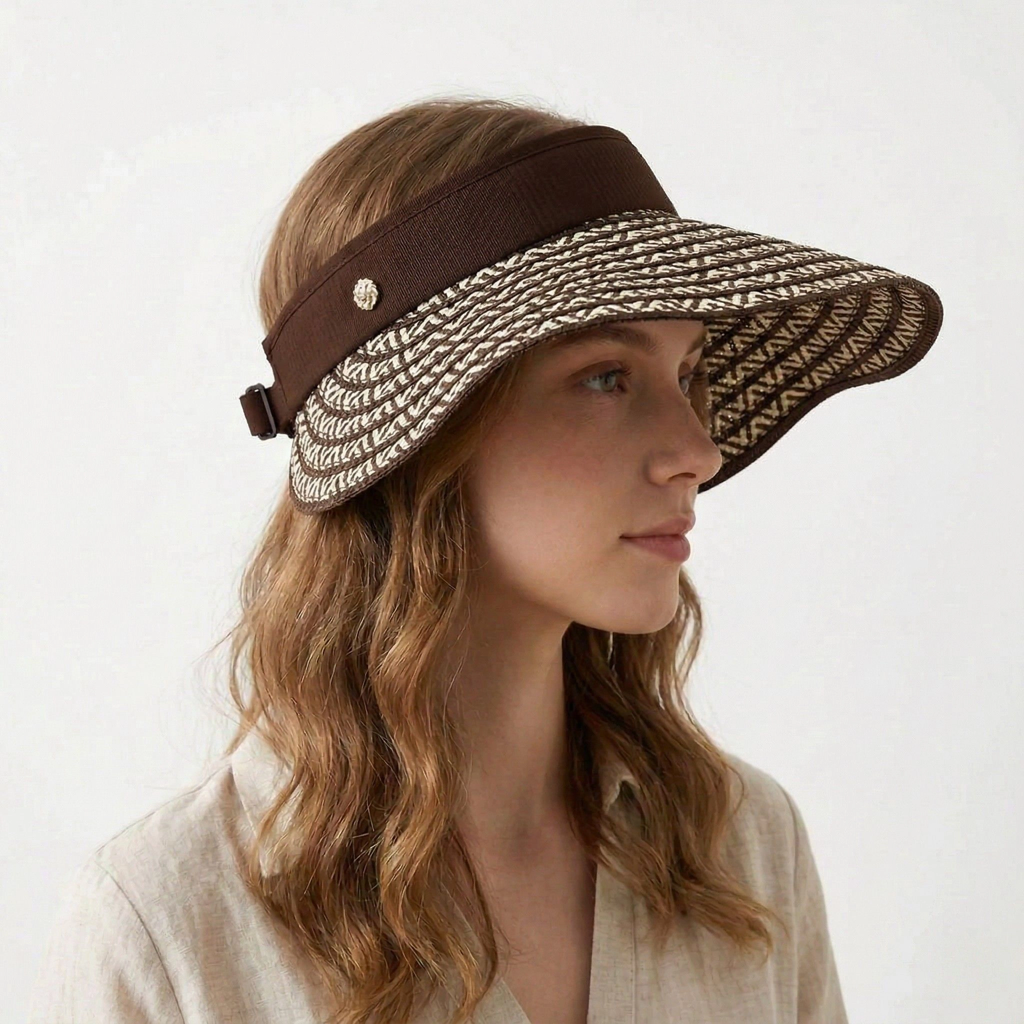 Anna-Kaci Women's Women Straw Sun Visor Hat Wide Brim Woven Pattern Contrast Band Adjustable Summer Hat