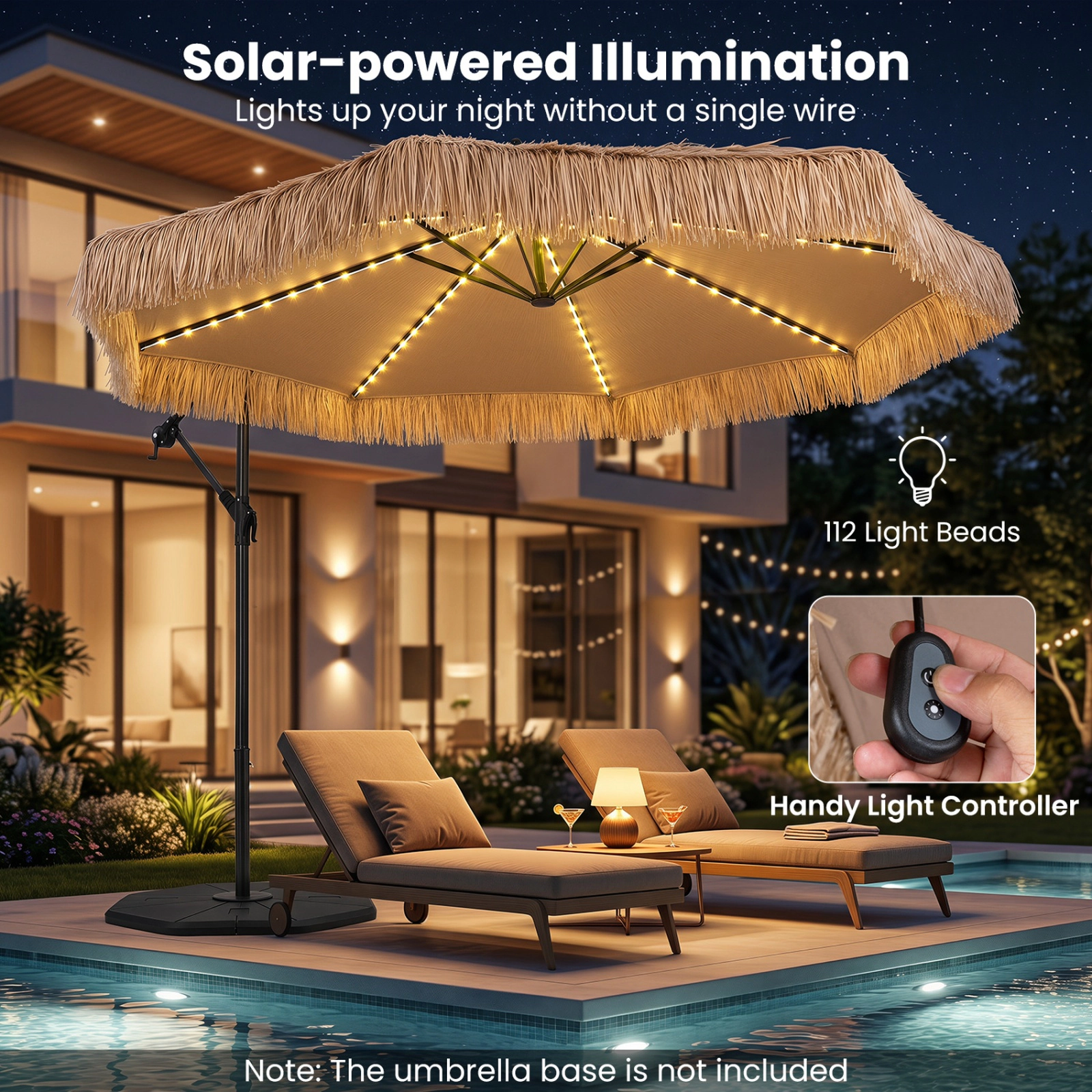 SUGIFT Solar Thatched Cantilever Umbrella with 96 Multi-Color Lights and 12 Modes 10-ft Canopy Natural + Black