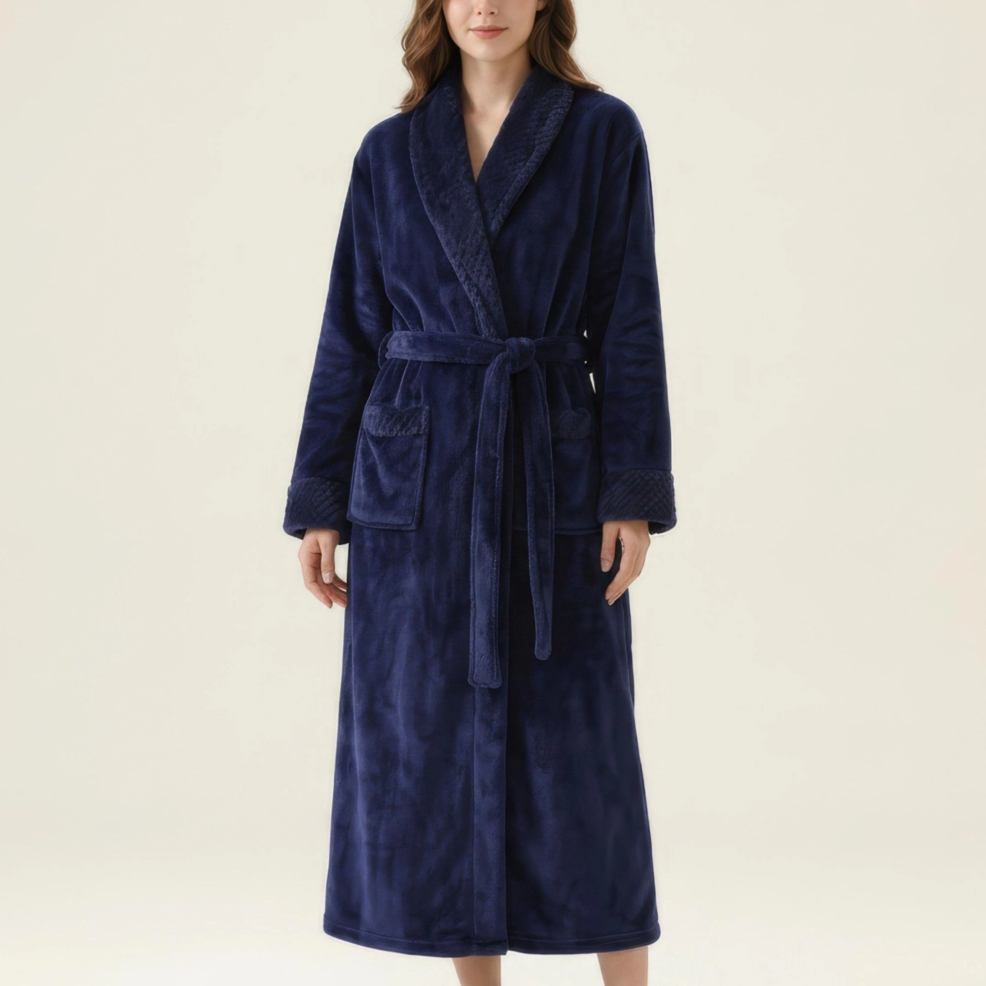 Anna-Kaci Women's Long Plush Robe with Shawl Collar Tie Waist Belt Front Pockets Soft Fleece