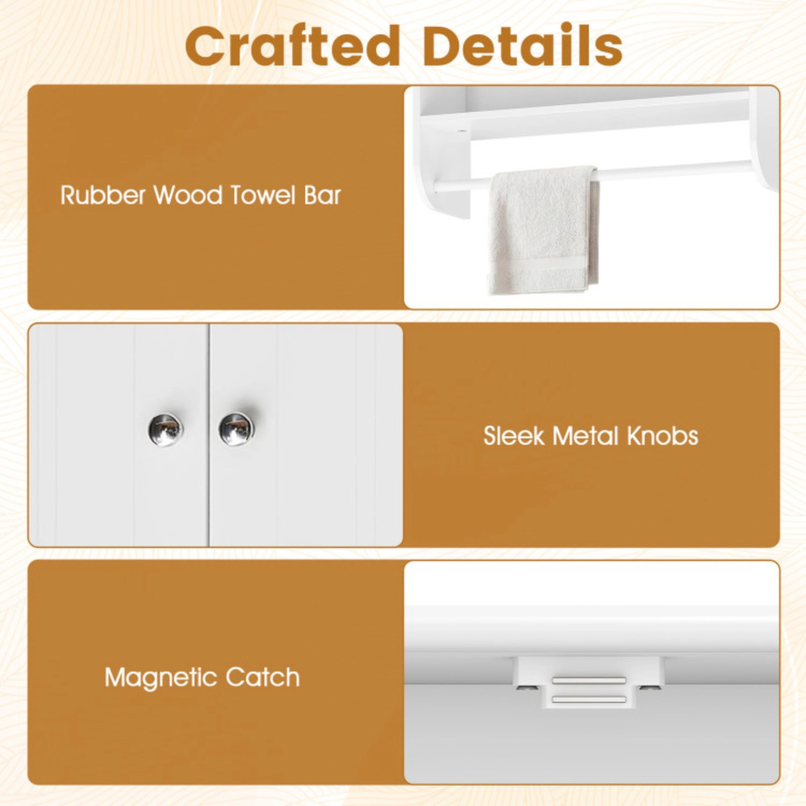 SUGIFT White Wall Mounted Bathroom Storage Cabinet with Rubber Wood Towel Bar Open Shelf and 2 Doors