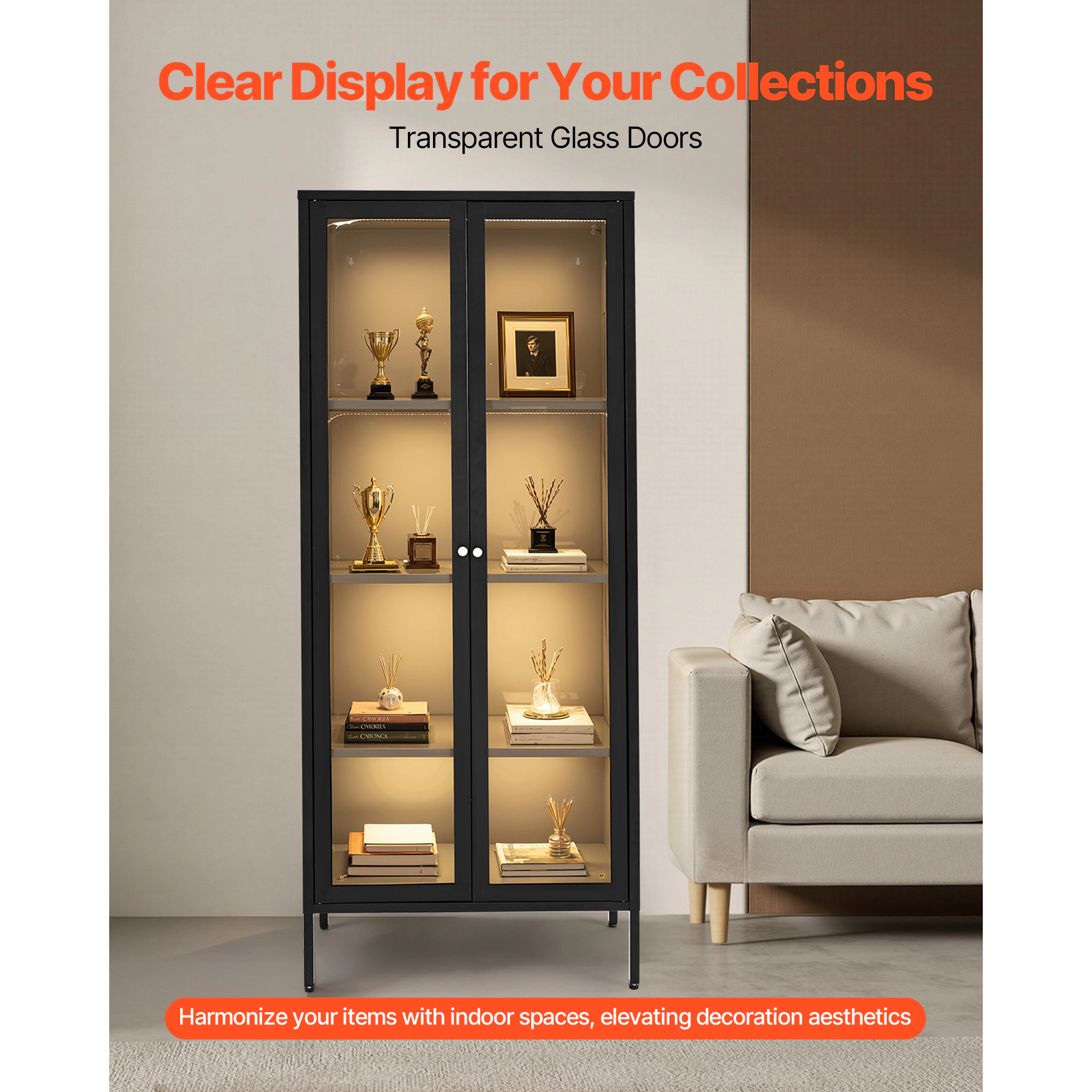 HONGGE Display Cabinet with Glass, 4-Tier Display Case, Storage Cabinet with Adjustable Shelves for Collectibles