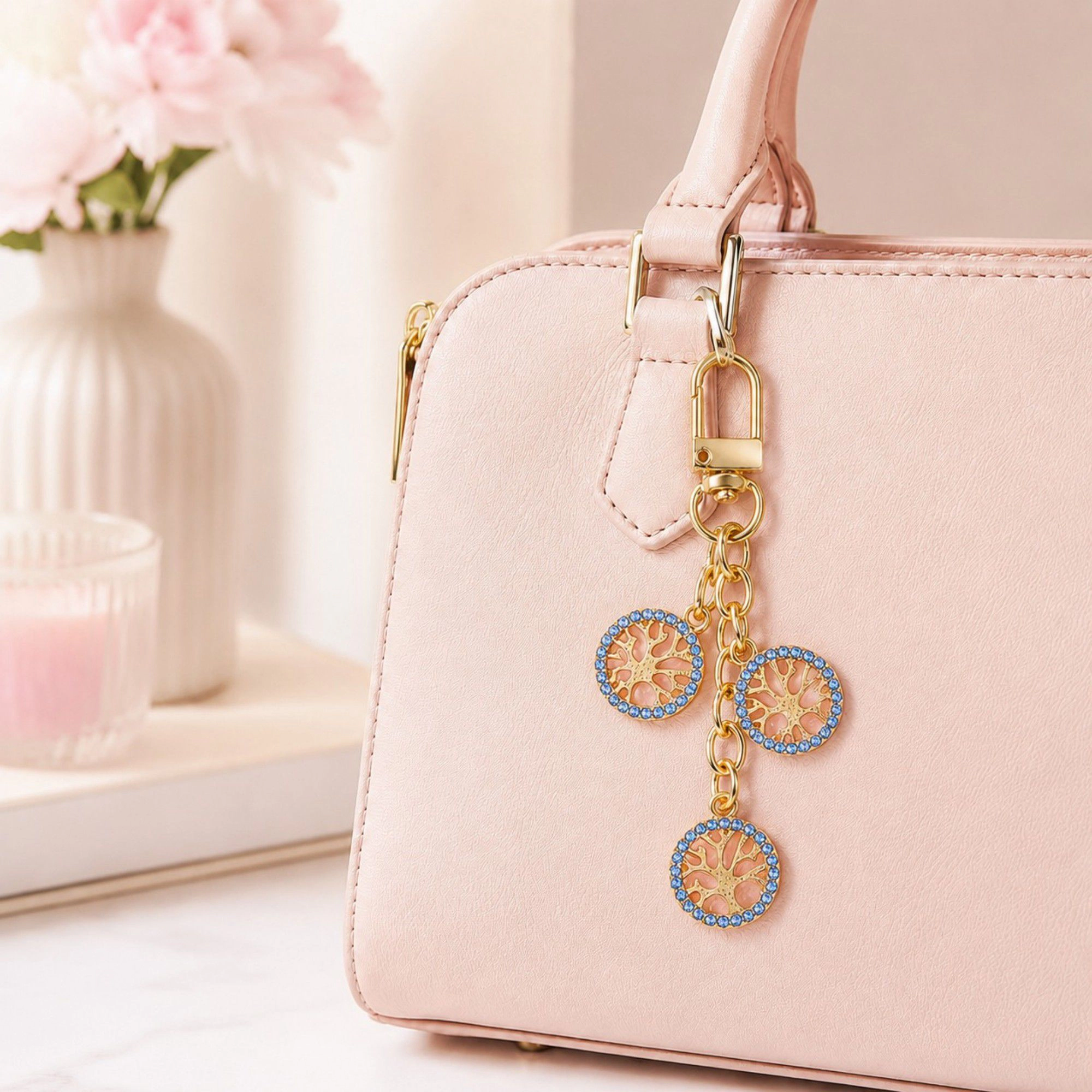 Alilang Women's 3pc Tree Medallion Keychain Bag Charm with Rhinestone Trim Gold Tone Chain and Clip