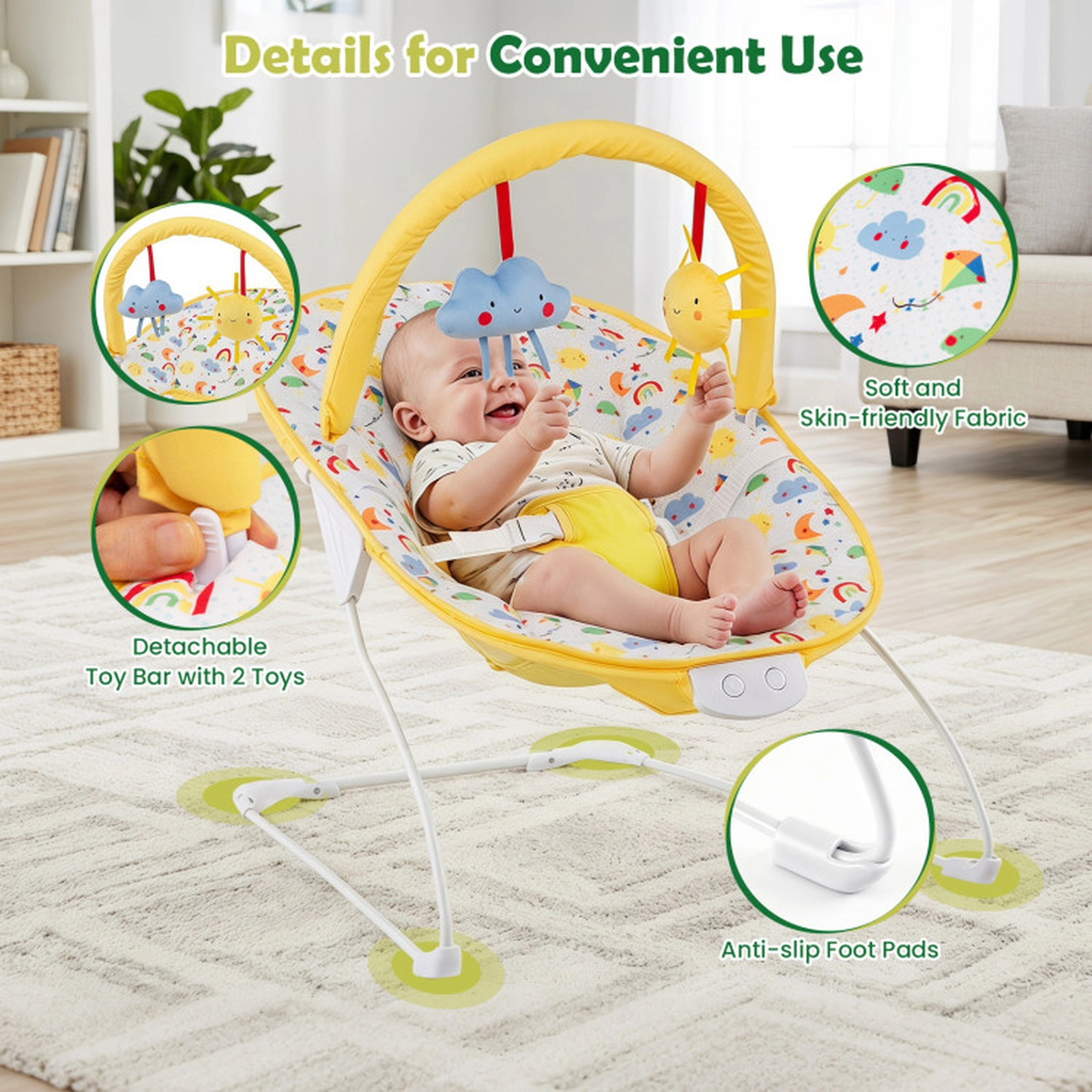 SUGIFT 20-lb Capacity Portable Baby Bouncer Infant Rocker Seat with Detachable Toy Bar and Music Box