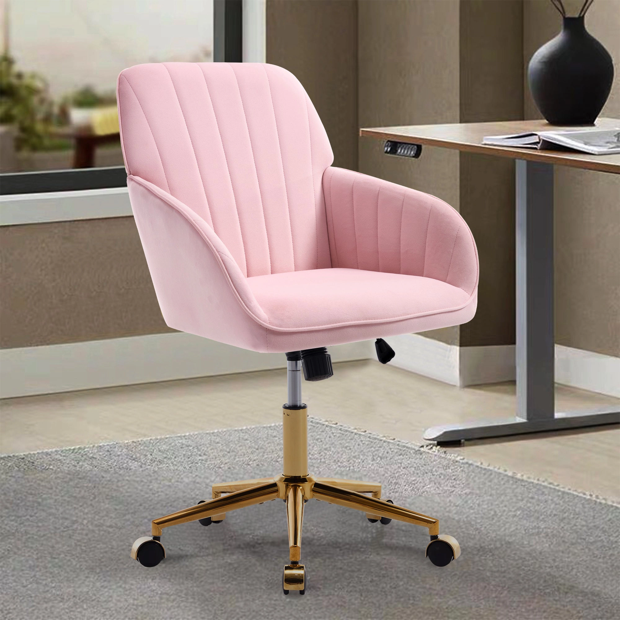 Platinum-Level Office Chairs Baby Pink Velvet Office Chair Ergonomic Adjustable Swivel