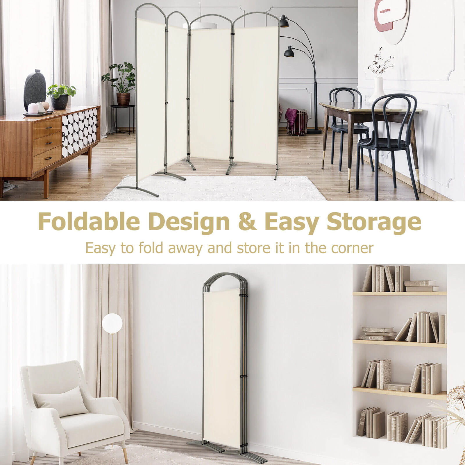SUGIFT 6.2-ft Folding 4-Panel Polyester Room Divider with Curved Metal Base 87-in Wide 18.5-lb Net Weight White