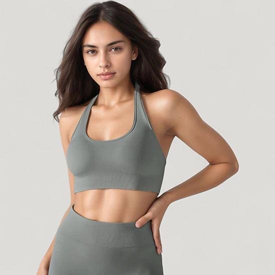 Anna-Kaci Women's Seamless Halter Neck Athletic Crop Top with Ribbed Detailing