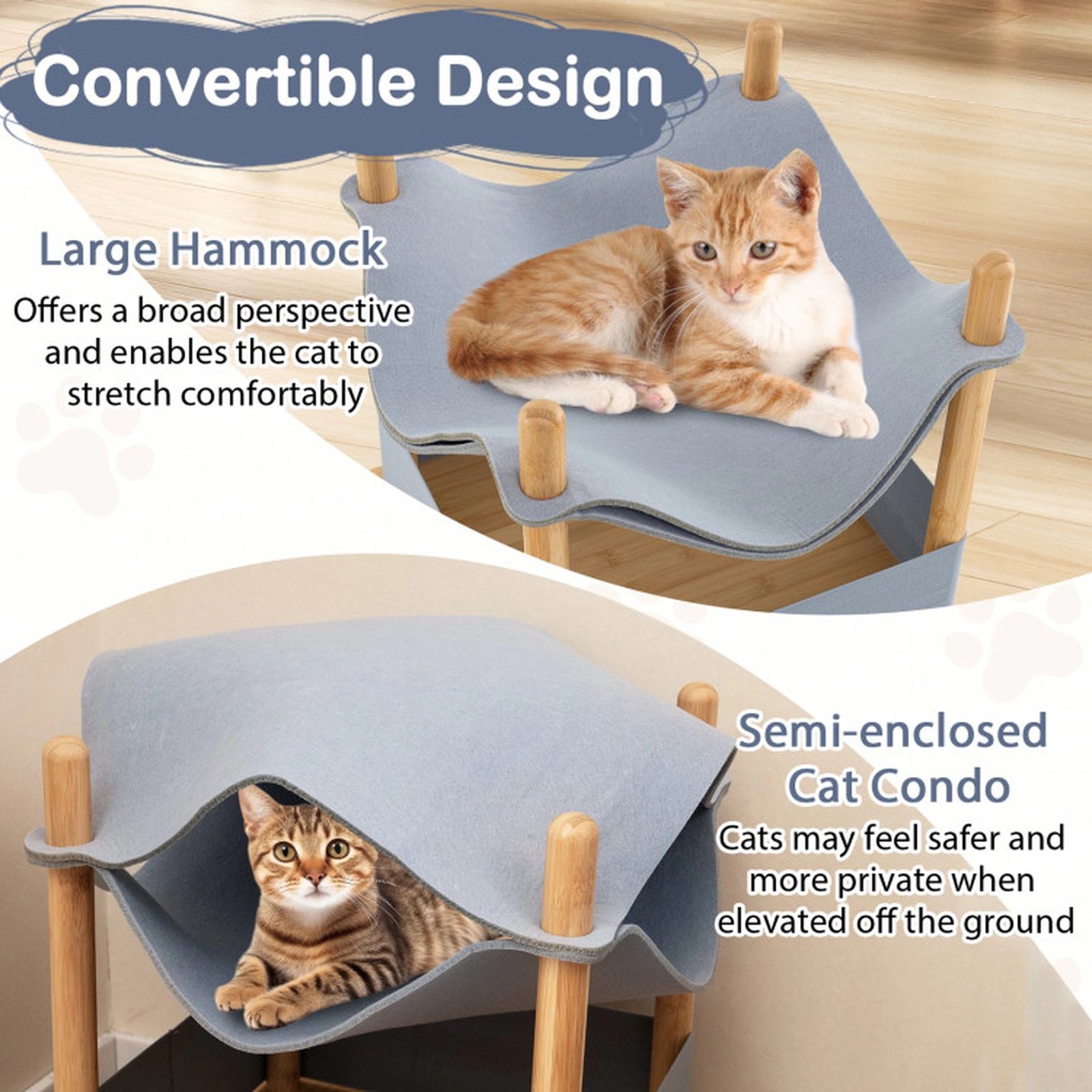SUGIFT 21-in 2-Tier Bamboo Cat House with Convertible Hammock Condo Storage Shelf and Tool-Free Assembly