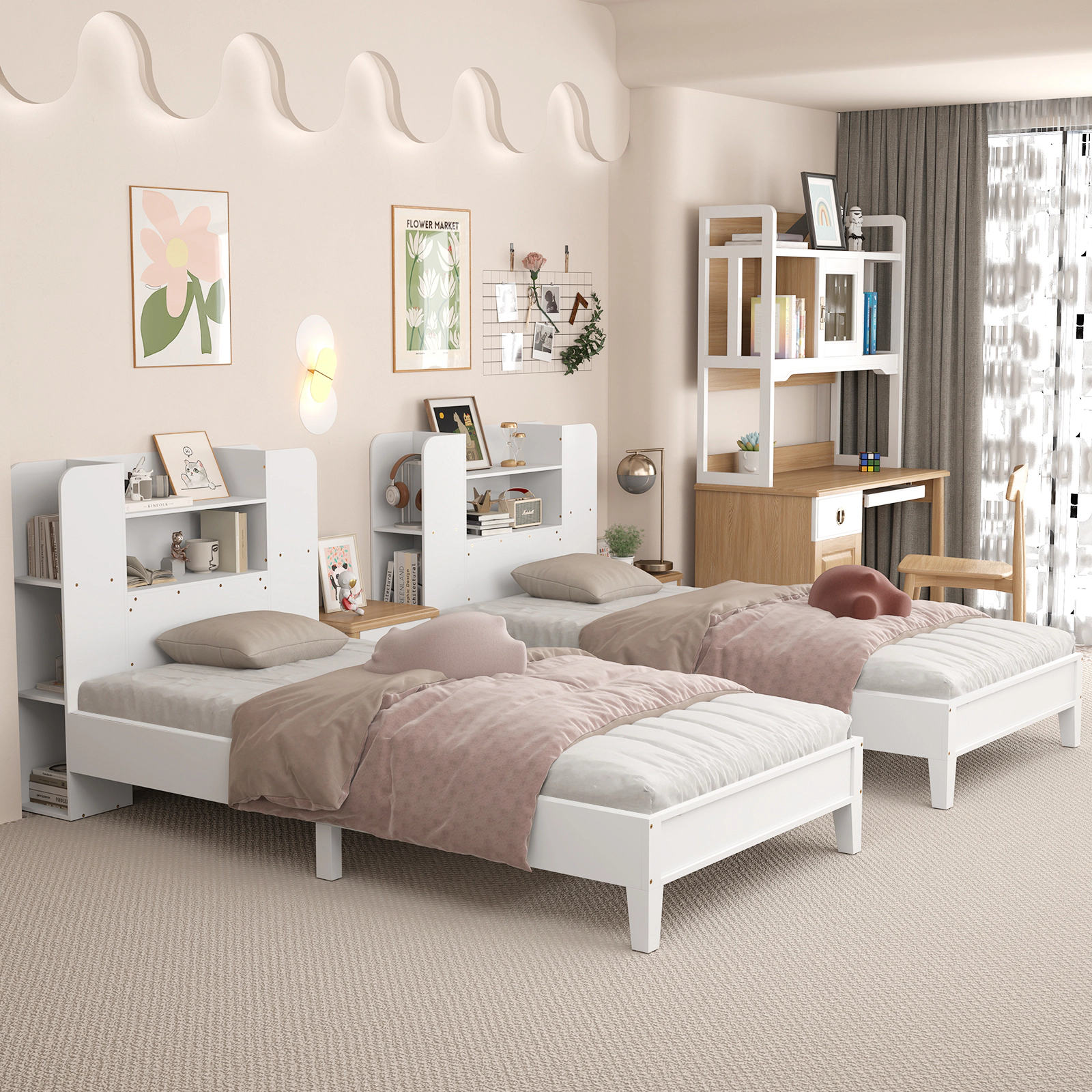 SUGIFT Twin Wood Platform Bed with Bookcase Headboard, 6 Storage Compartments, White