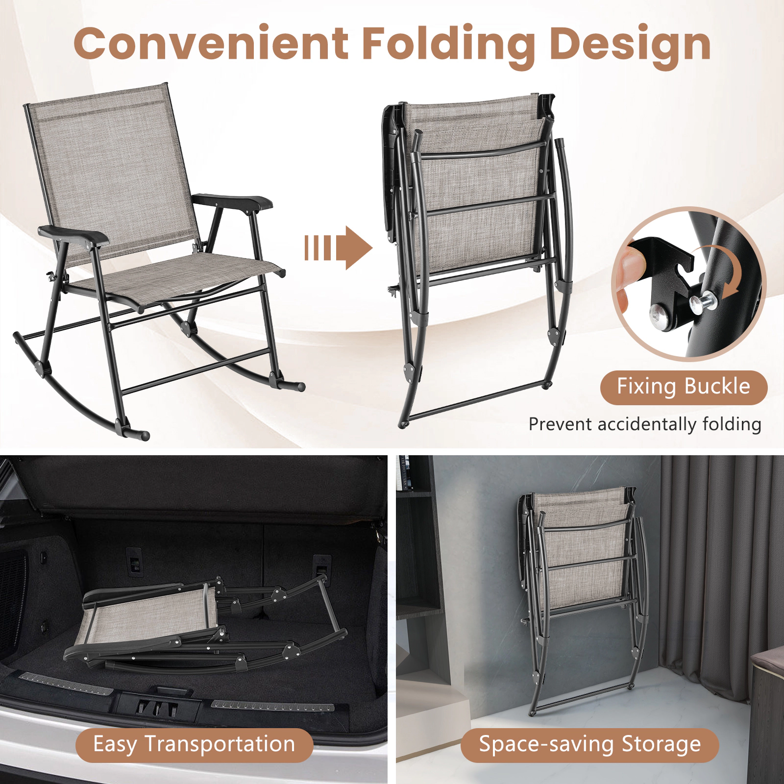 SUGIFT Folding Rocking Chair Set of 2 with Breathable Fabric Seat 330-lb Capacity 32.5-in Rocking Frame Brown