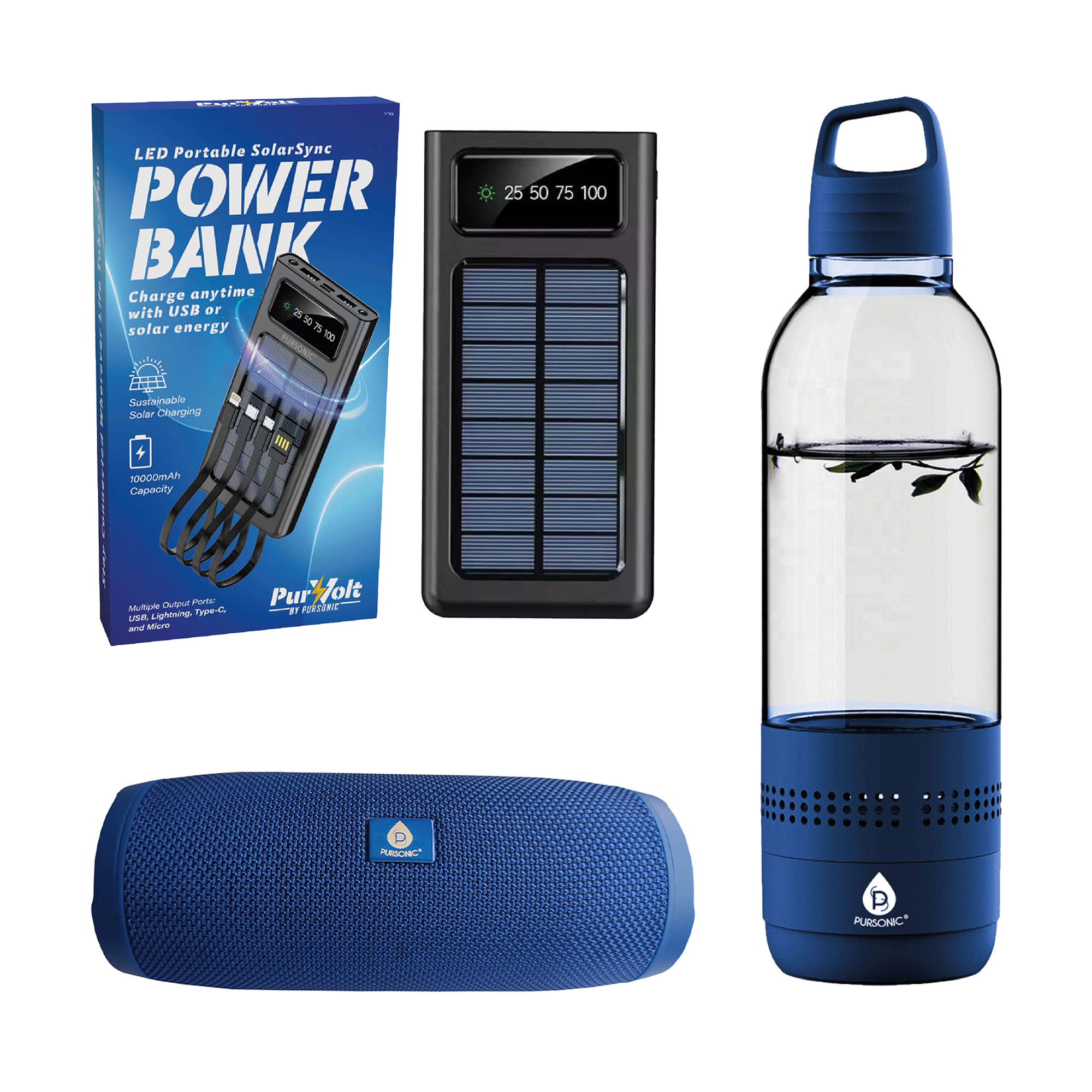 Pursonic Unisex Outdoor Adventure Bluetooth Speaker, Water Bottle & Solar Power Bank Essentials Bundle