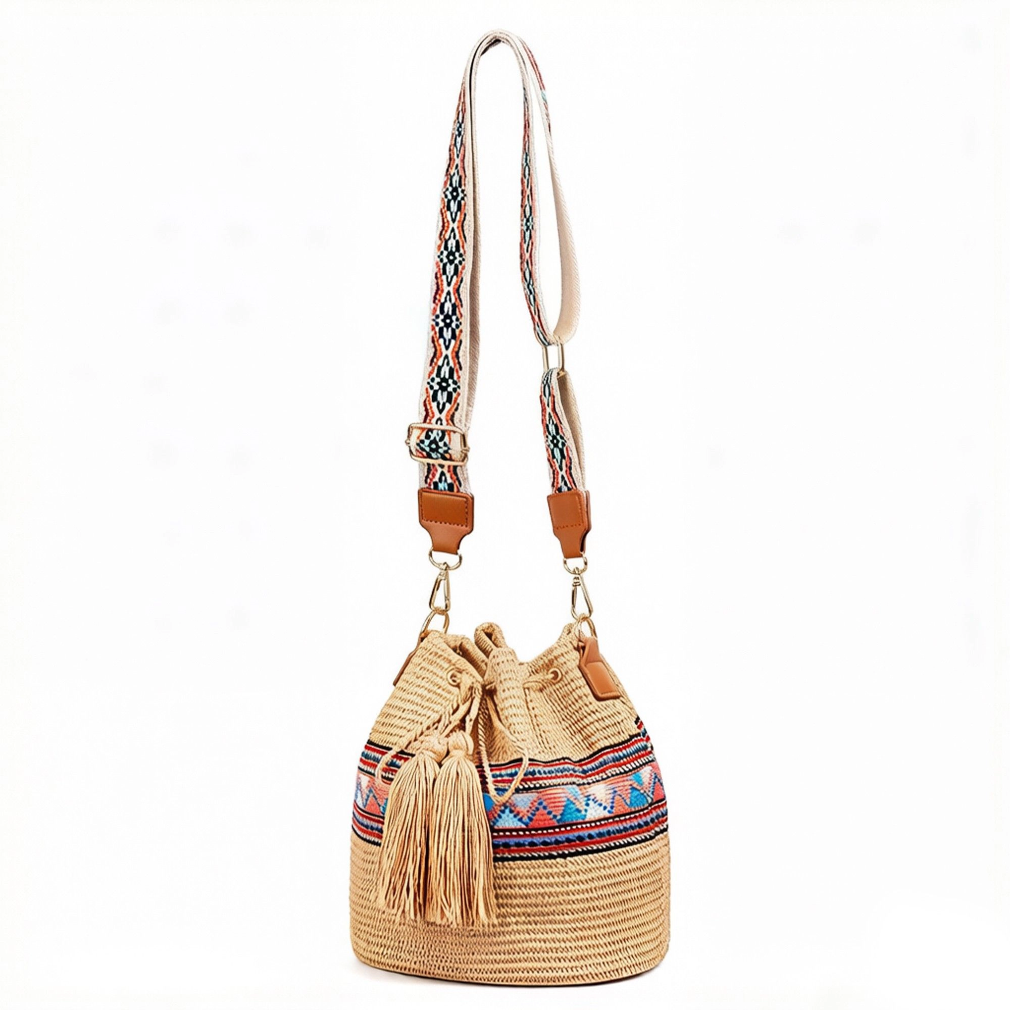 Alilang Women's Woven Straw Bucket Bag with Pattern Strap Drawstring Closure Tassel Detail Crossbody Handbag