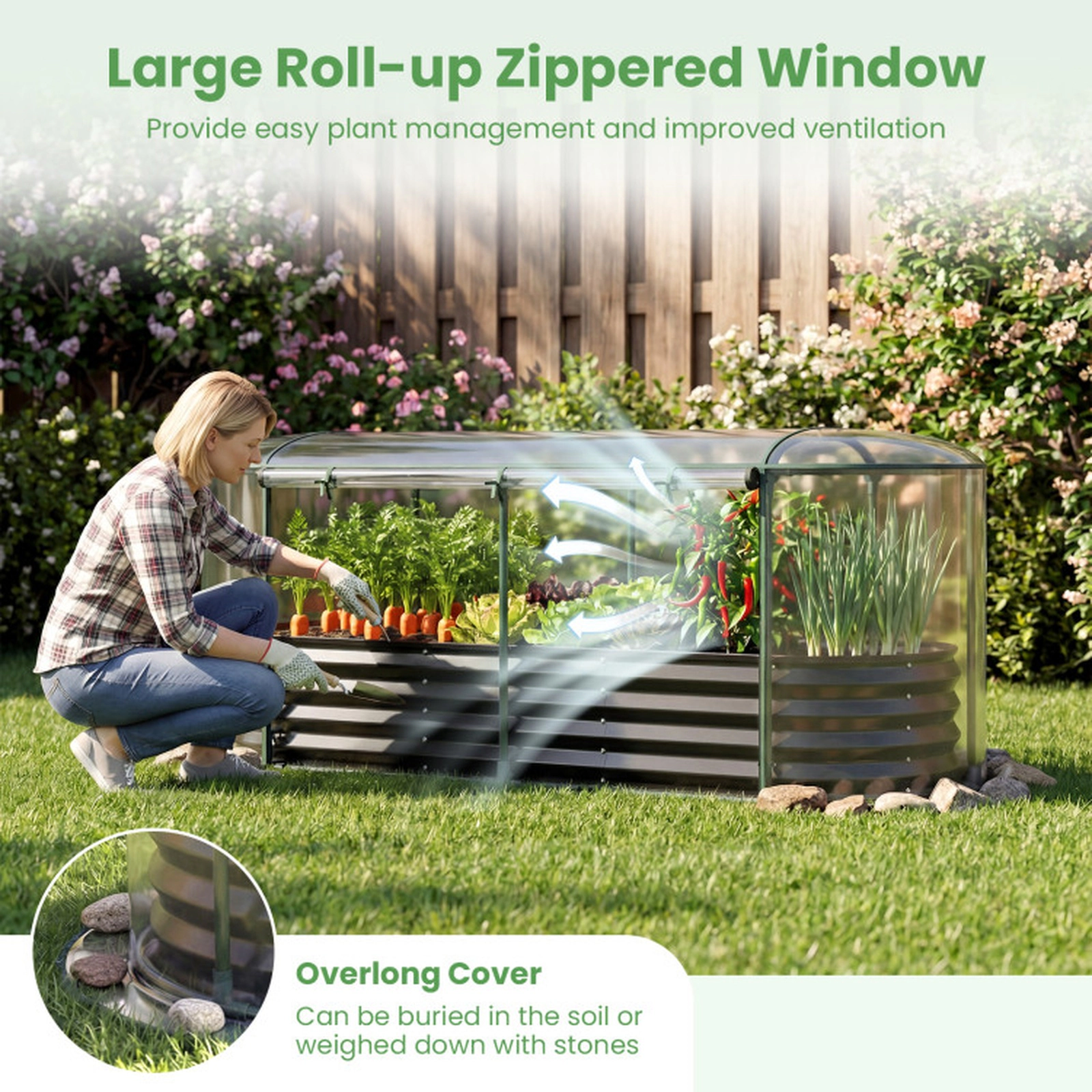SUGIFT Raised Garden Bed with PVC Greenhouse Cover Outdoor Planter 86-Gal Volume Black/Silver+Transparent