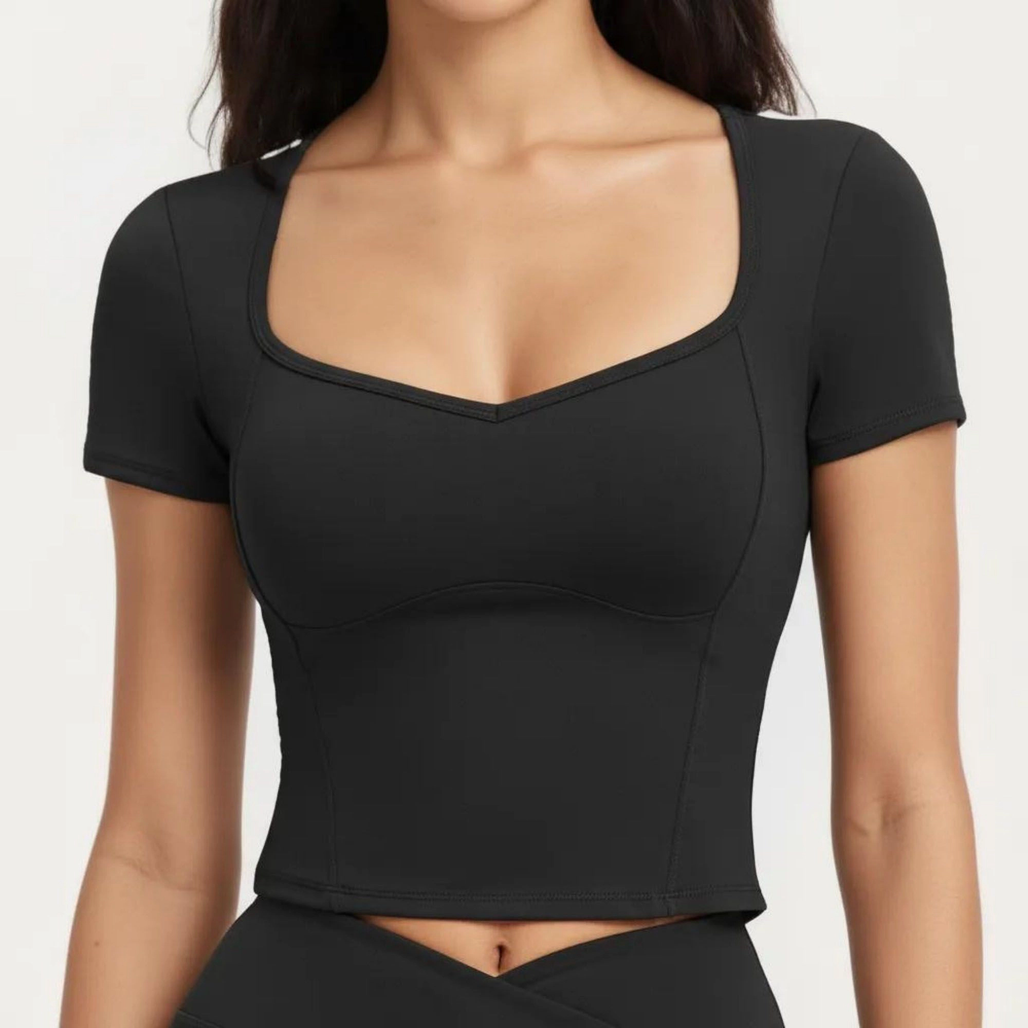 Anna-Kaci Women's Ribbed Square Neck Fitted Crop Workout Top Stretch Athletic Training Shirt for Yoga Fitness