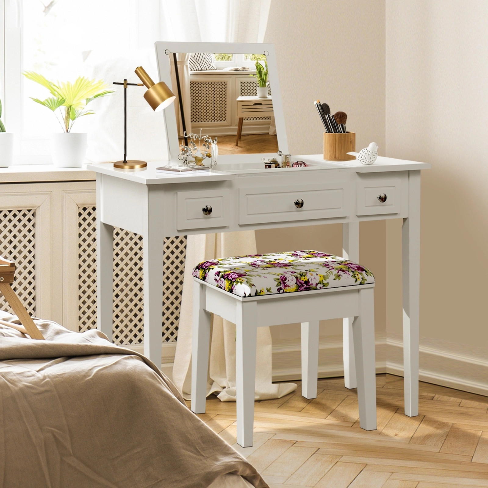 SUGIFT Flip Top Mirror Vanity Dressing Table Set with Stool 290-lb Table Capacity 250-lb Stool Capacity White