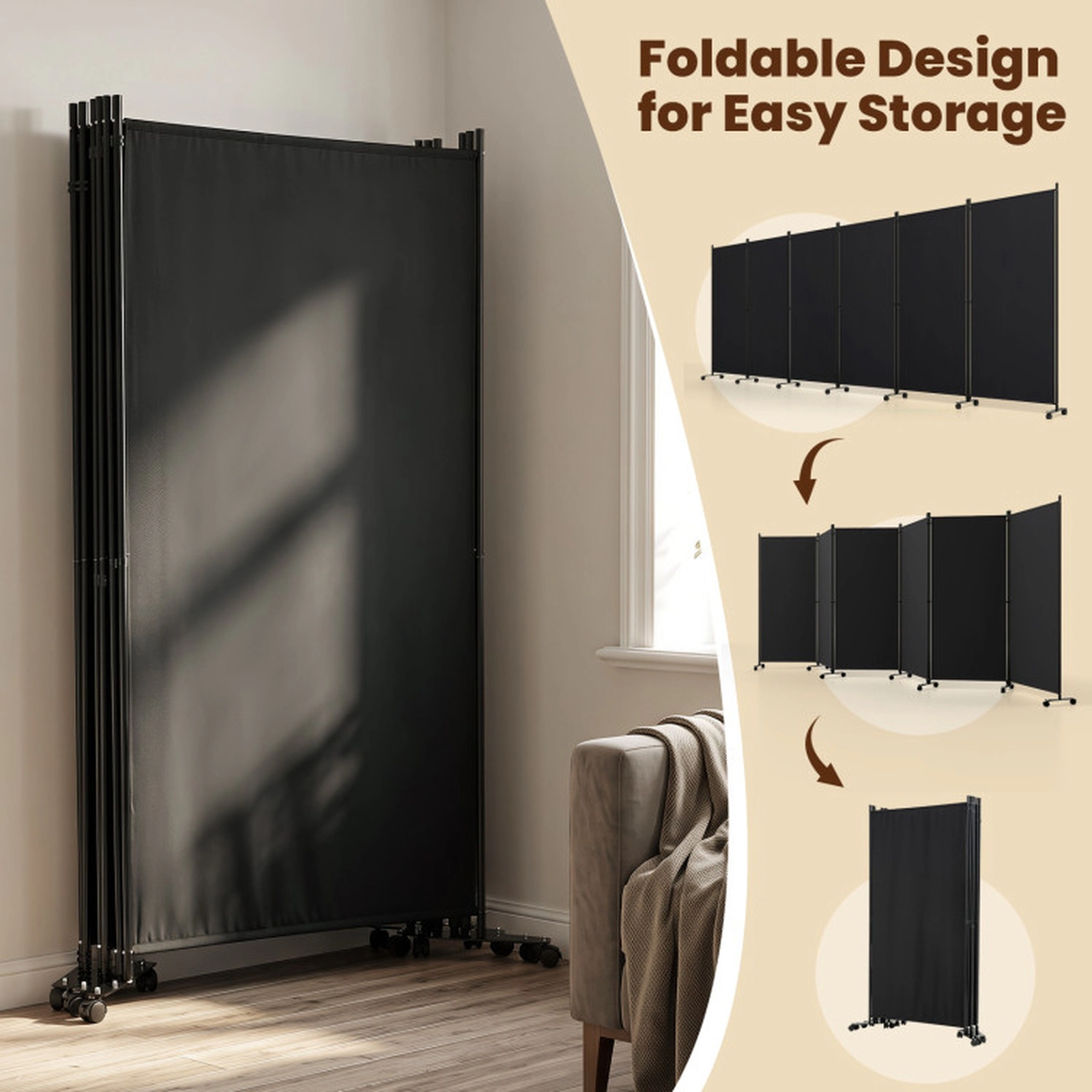 SUGIFT 6-Panel Folding Privacy Screen Room Divider with Wheels 71.5-in Tall 205-in Wide Polyester Fabric Black Coffee