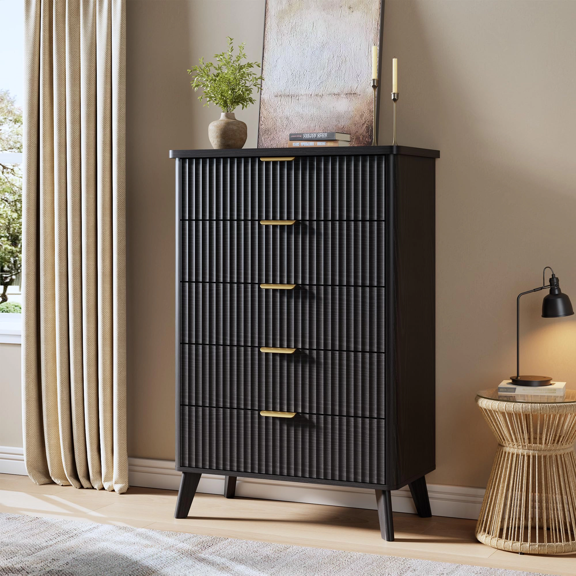Fluted 5 Drawer Dresser, Curved Profile Design 47.2" Tall Wooden Chest for Bedroom Living Room Hallway