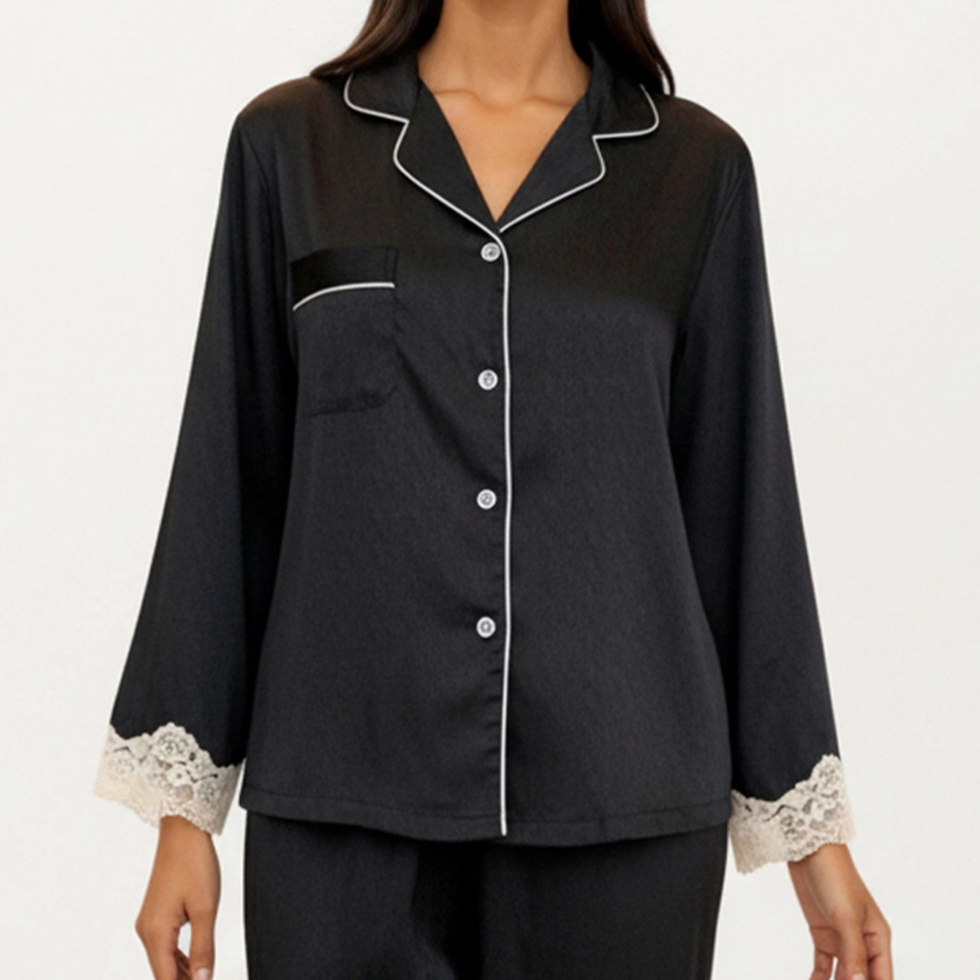 Anna-Kaci Women's 2-Piece Satin Button Front Pajama Top with Lace Trim Sleeves and Matching Elastic Waist Pants