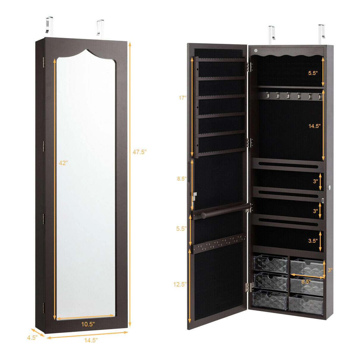 Slickblue Brown Lockable Mirrored Jewelry Armoire with LED Lights & Storage Drawers
