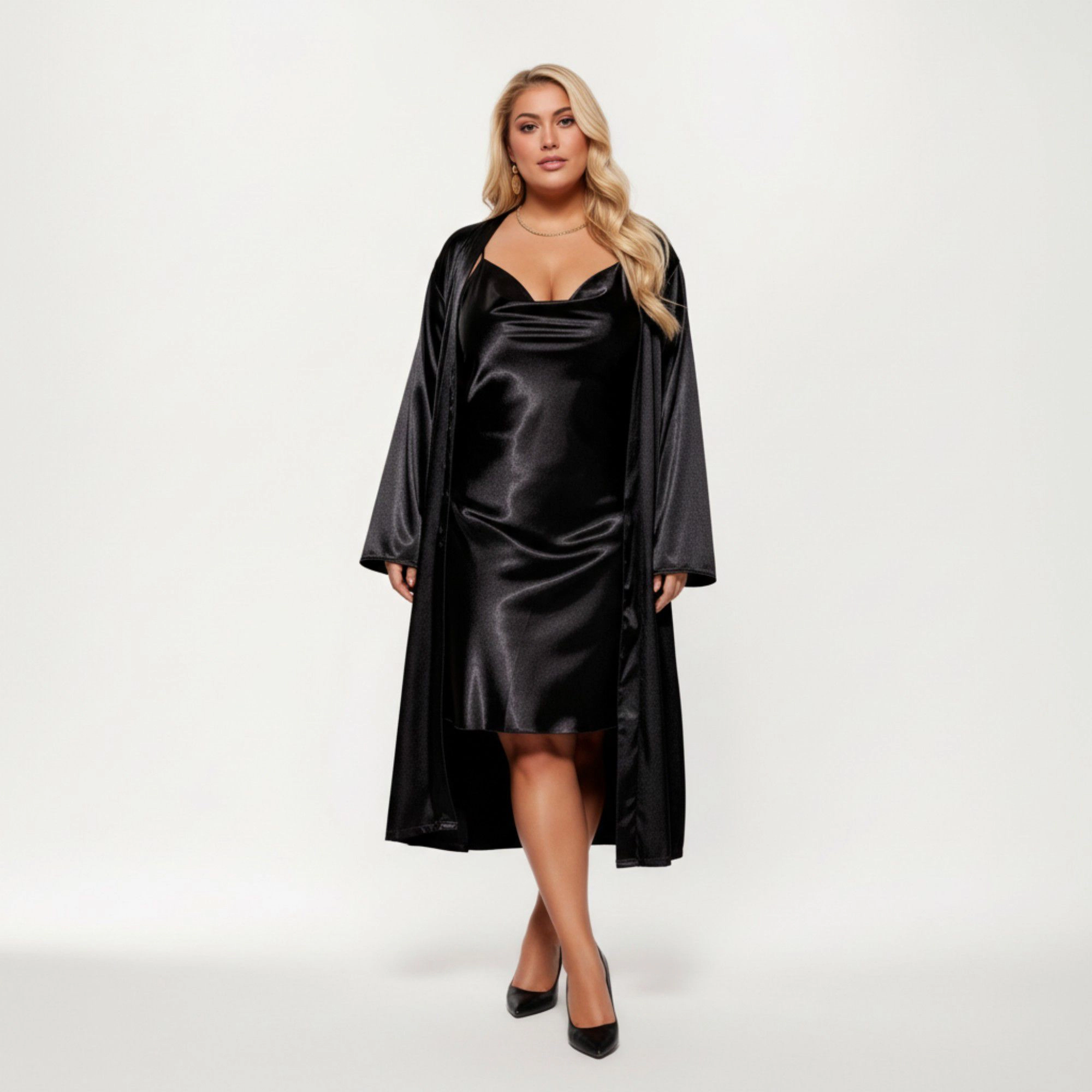 Anna-Kaci Women's Satin Slip Dress and Long Robe Set with Soft Draped Silhouette Elegant Flowing Layered Design