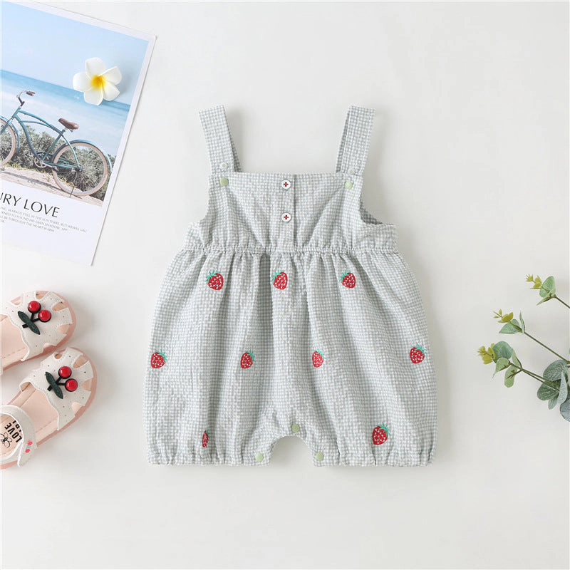 MyKids-USA Baby Girl Plaid Graphic Strawberries Embroidery Snap Button Jumpsuit & Solid Tee Sets