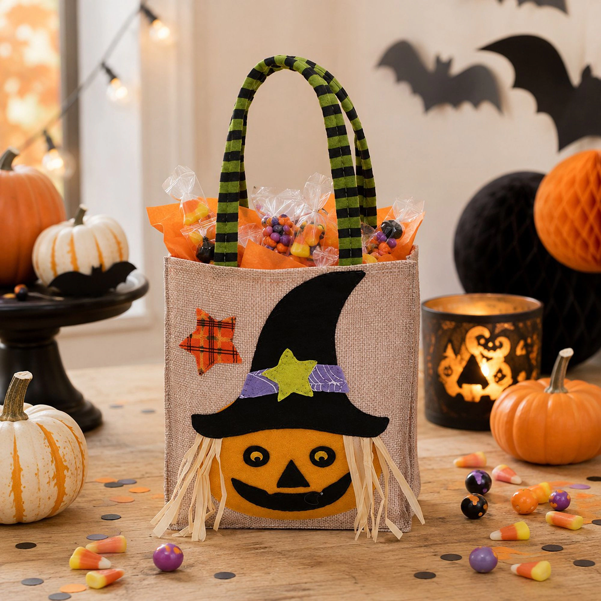 Alilang Halloween Burlap Character Applique Trick or Treat Tote Bag