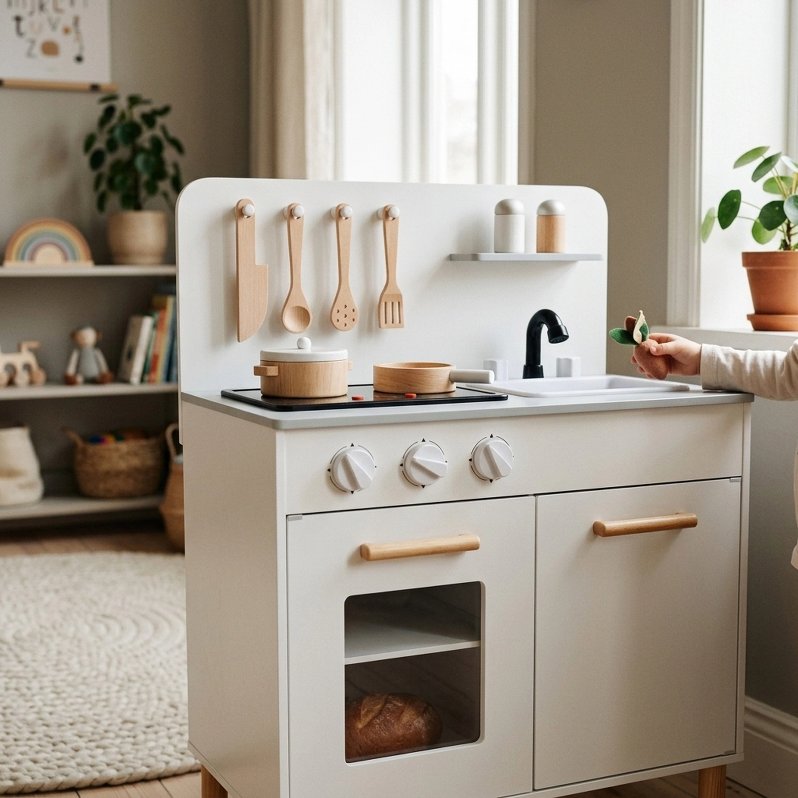 Kids Kitchen Playset with Dual Lighted Stoves Removable Sink Rotatable Faucet and Pine Legs 22-in x 12-in x 30-in White