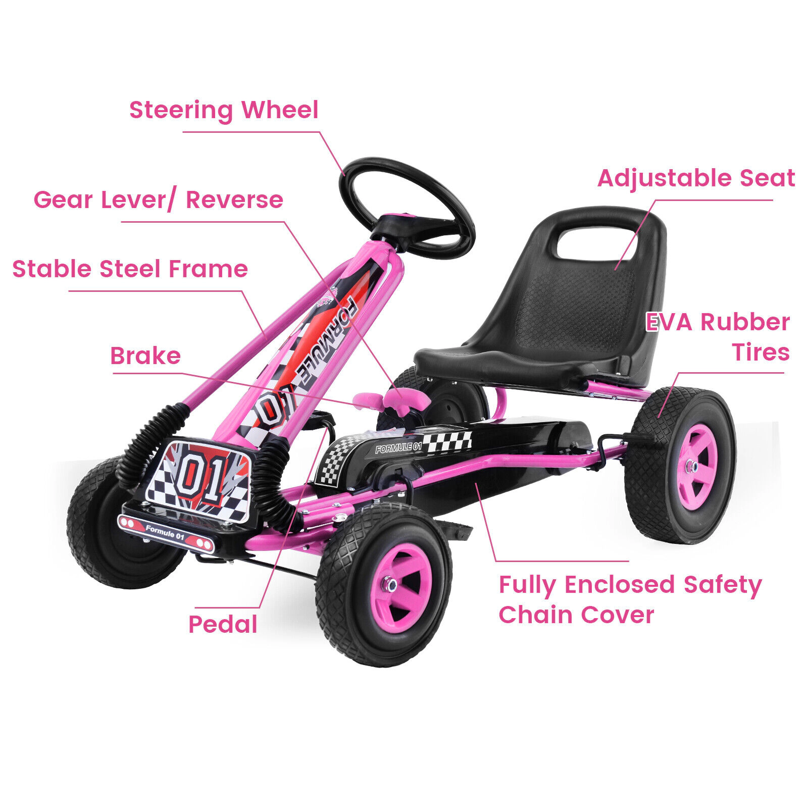 SUGIFT 4-Wheel Kids Ride On Pedal Powered Go Kart Racer Car 66-lb Capacity Ages 3+ Pink 39.8 x 24 x 24.5 in Frame