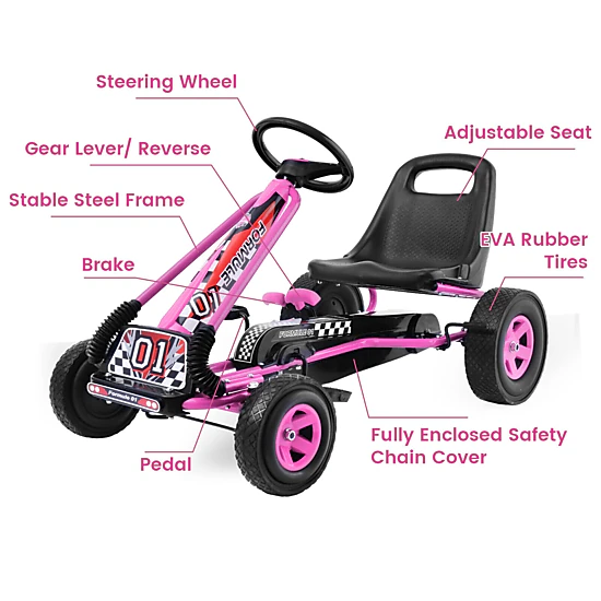 SUGIFT 4-Wheel Kids Ride On Pedal Powered Go Kart Racer Car 66-lb Capacity Ages 3+ Pink 39.8 x 24 x 24.5 in Frame