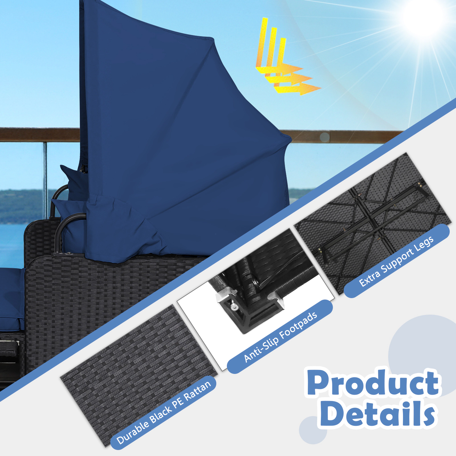 SUGIFT Gray PE Wicker Round Patio Daybed with Retractable Canopy and Table 75-in Dia 57.5-in H 800-lb Sofa Capacity