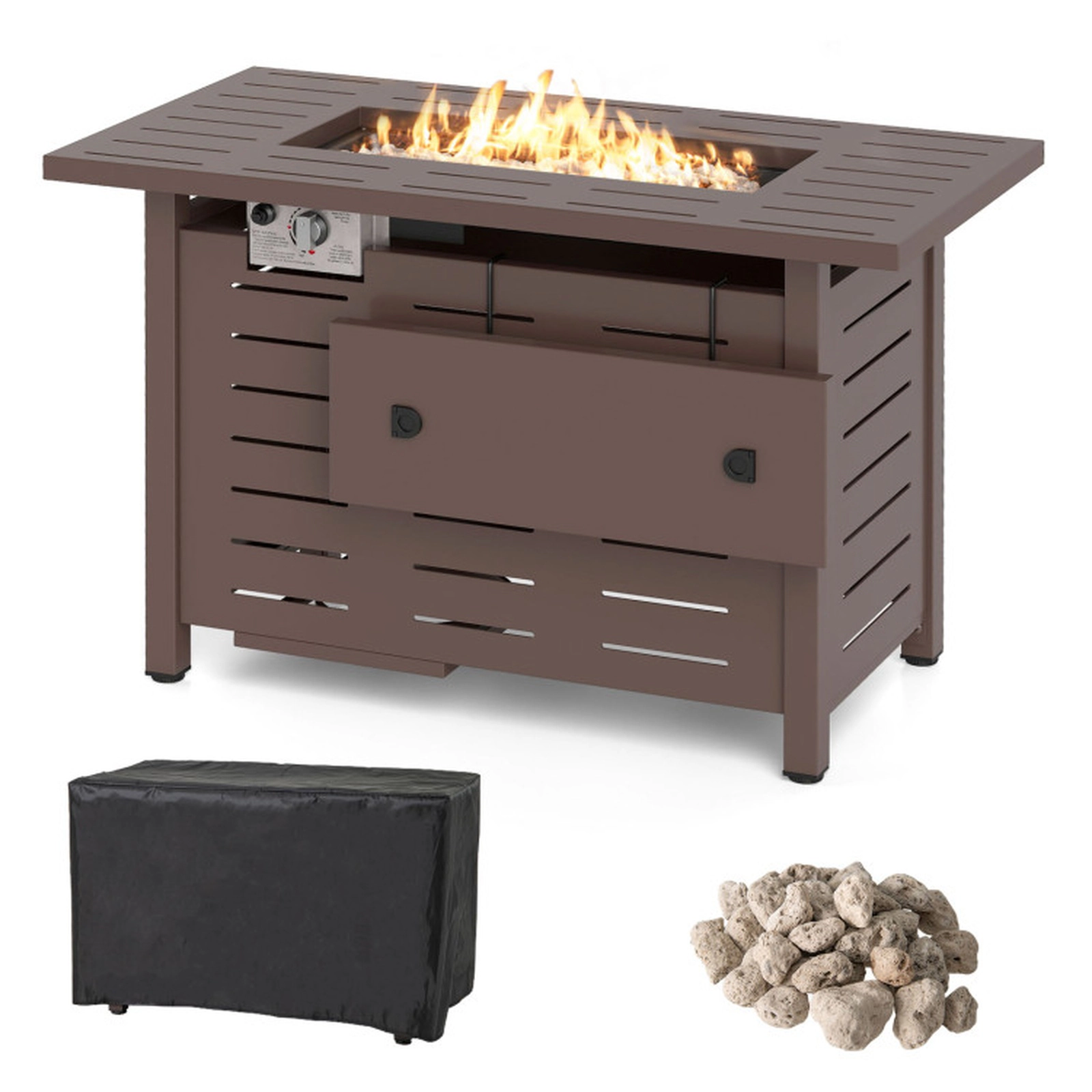 SUGIFT Brown Rectangle Propane Gas Fire Pit Table with Lava Rocks and Removable Lid 40-in W 20-in D 25-in H