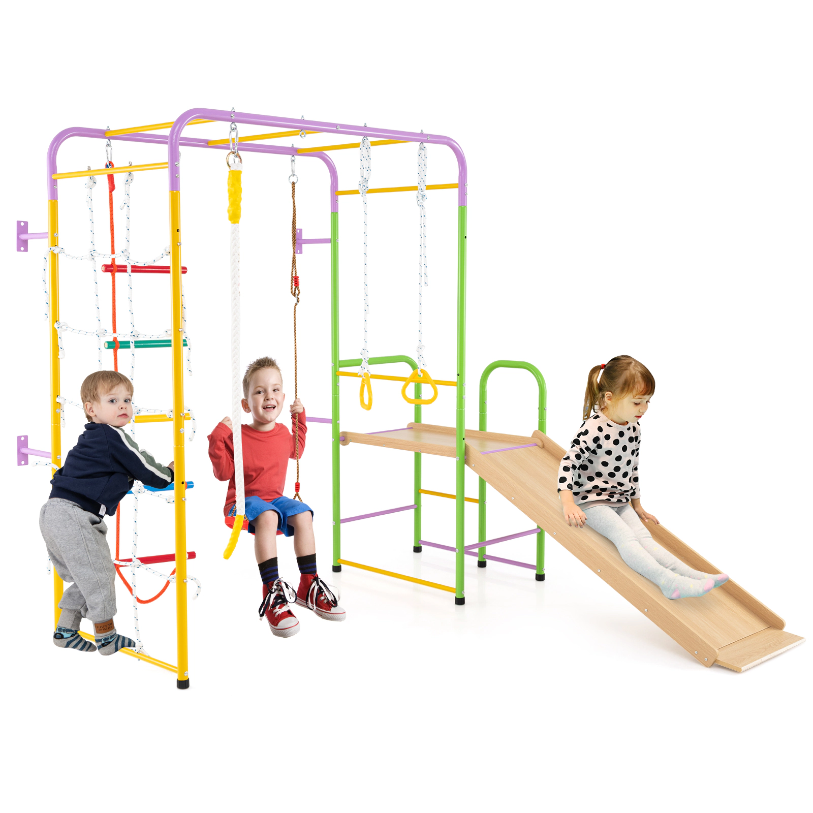LJG Kids Metal Indoor Jungle Gym 8-in-1 Climbing Playset with Monkey Bars
