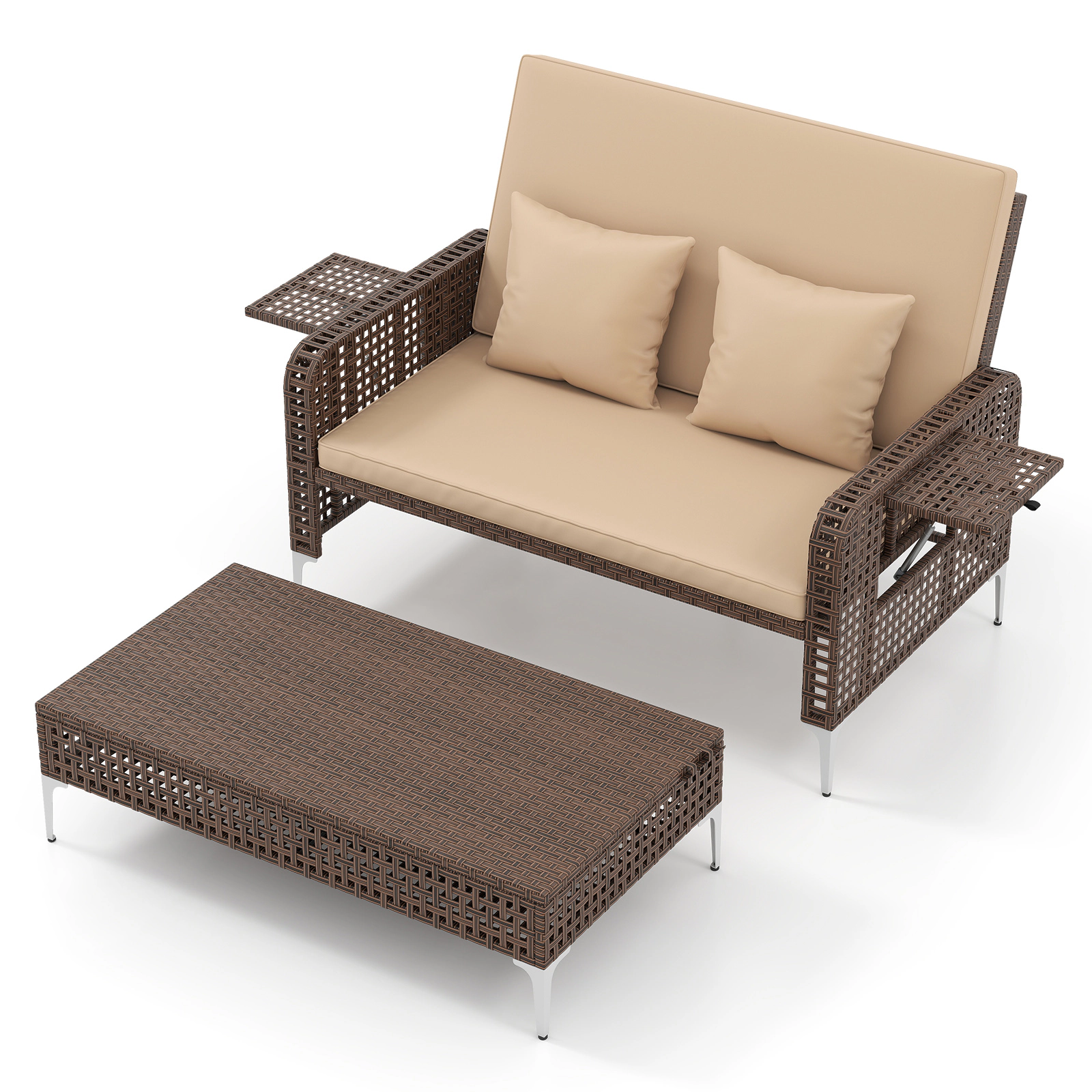 SUGIFT 2-Piece Brown Wicker Patio Daybed with Adjustable Backrest, Storage Ottoman and 2 Trays