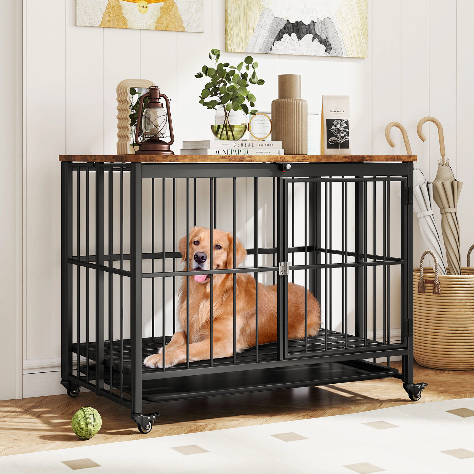 SUGIFT 38-in Foldable Dog Crate Furniture Side Table with Lockable Front Door Flip-Top and Removable Tray