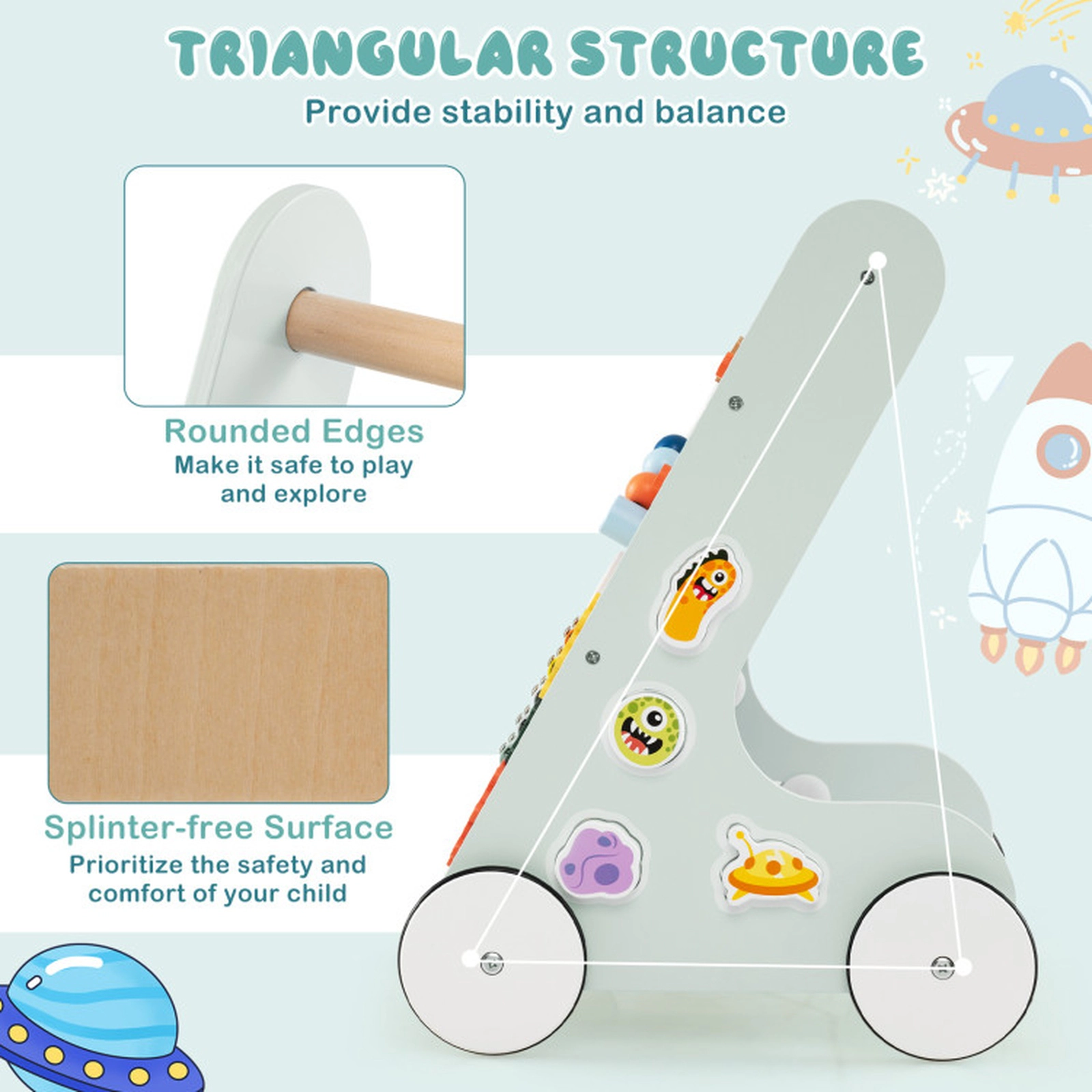 SUGIFT 8-in-1 Wooden Baby Walker Push and Pull Learning Activity Center with Wheels 5-lb Frame Ages 1+ Years Green/Blue