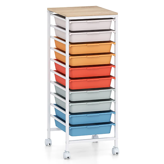 SUGIFT 33-in 10-Drawer Rolling Storage Cart with Wood Top Mobile Utility Organizer and Lockable Wheels